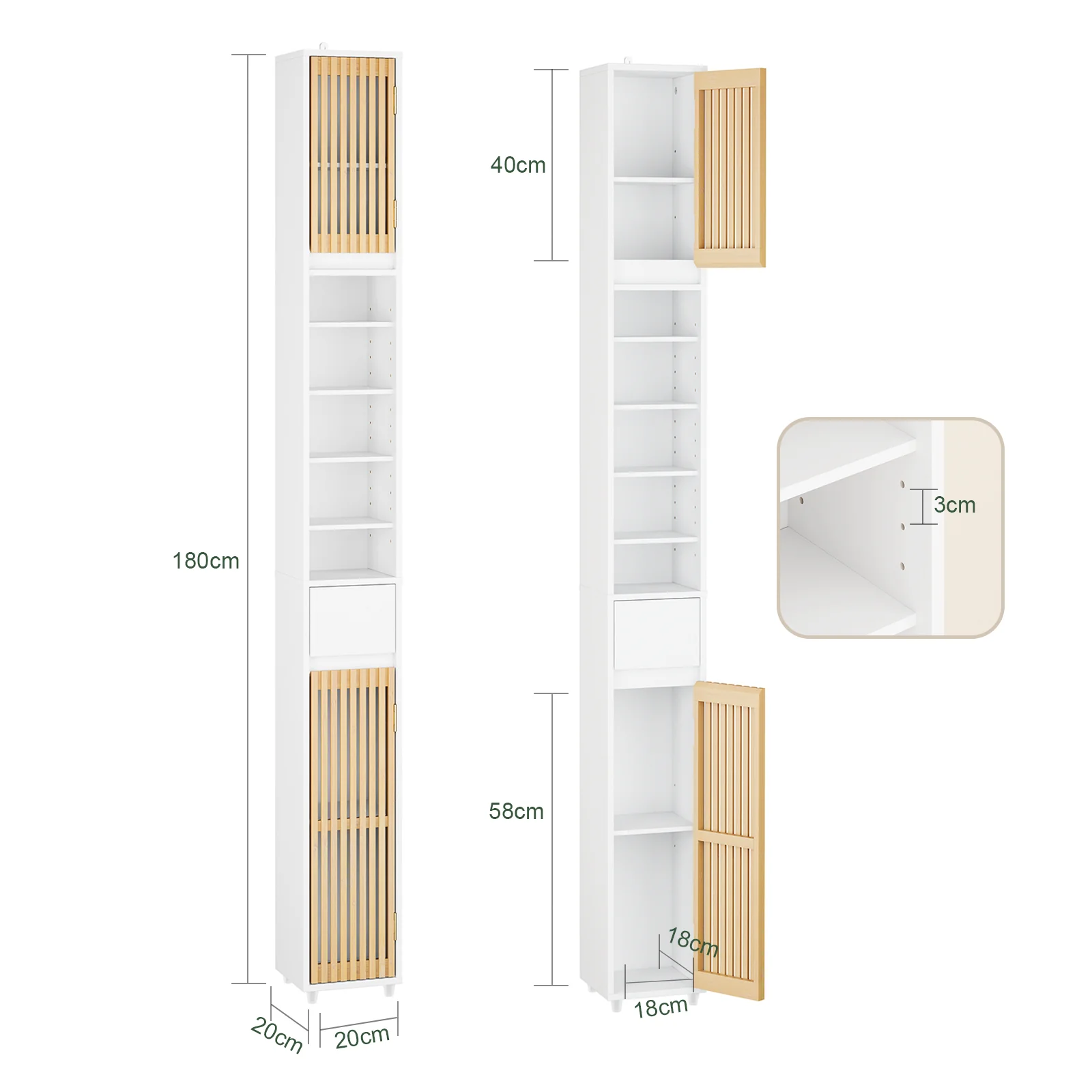 SoBuy BZR34-BW Badkamermeubel, zuil hoge opbergkast, kleine badkamerkast met 6 verstelbare planken, opslag voor kleine houten ruimtes, wit, 20 x 20 x 180 cm - Image 4