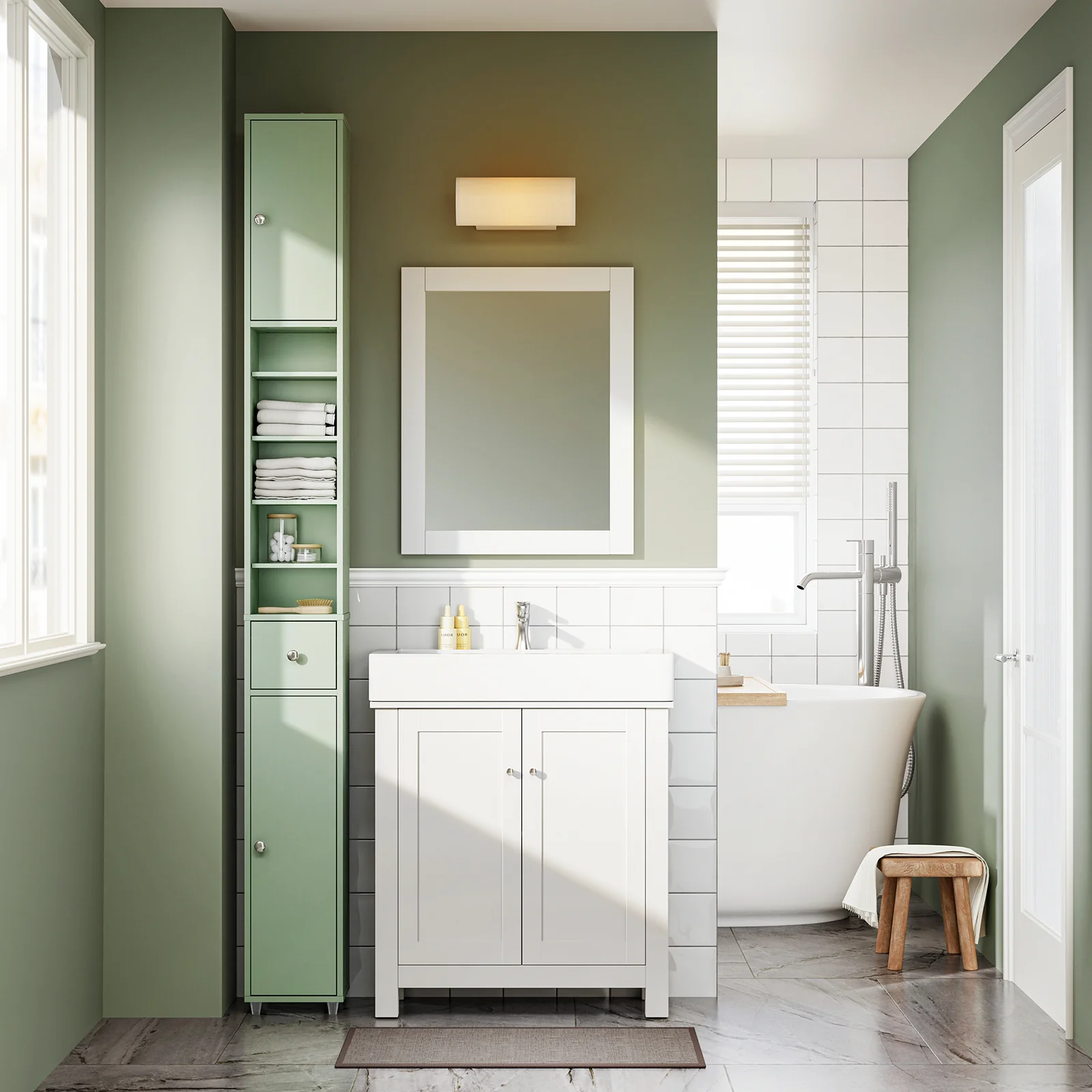 SoBuy BZR34-II-GR Hoge Badkamerkast - Vrijstaande Smalle Badkamerkast, Waterbestendig met Verstelbare Planken en Lade - Compacte Badkamermeubel van Hout, Lichtgroen, B20 x D20 x H180cm - Image 2