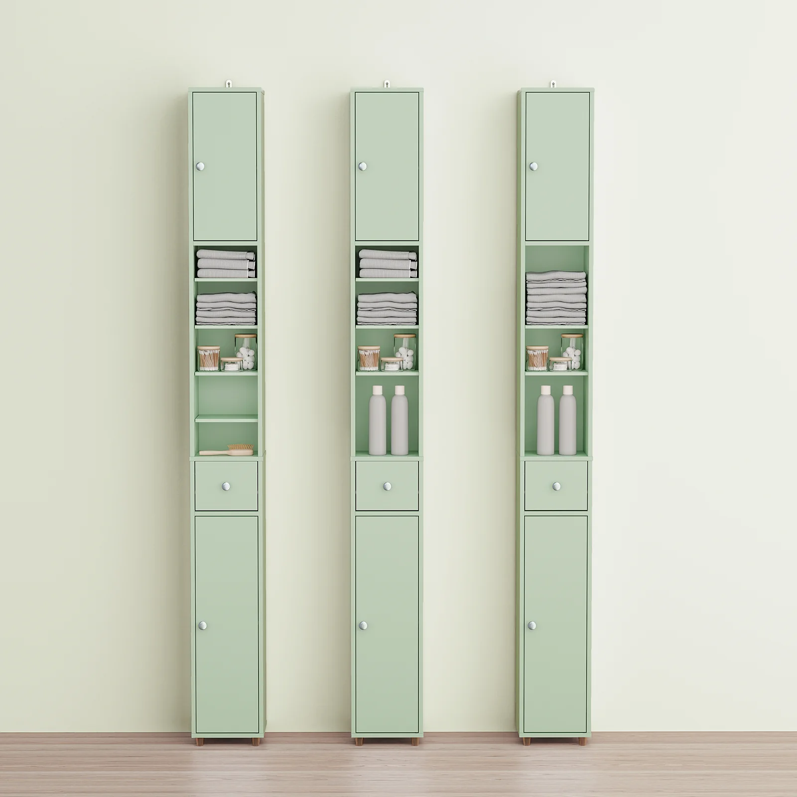 SoBuy BZR34-II-GR Hoge Badkamerkast - Vrijstaande Smalle Badkamerkast, Waterbestendig met Verstelbare Planken en Lade - Compacte Badkamermeubel van Hout, Lichtgroen, B20 x D20 x H180cm - Image 4