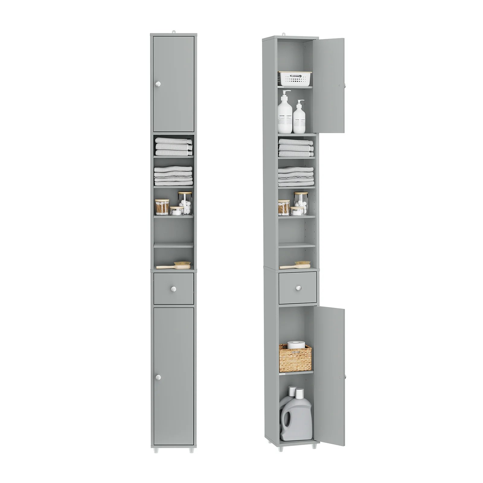 SoBuy BZR34-II-HG Hoge Badkamerkast – Smalle Opbergkast voor Badkamer– Vrijstaand Slank Badkamermeubel, Waterbestendig MDF met Verstelbare Planken en Lade, 20x20x180cm, Grijs