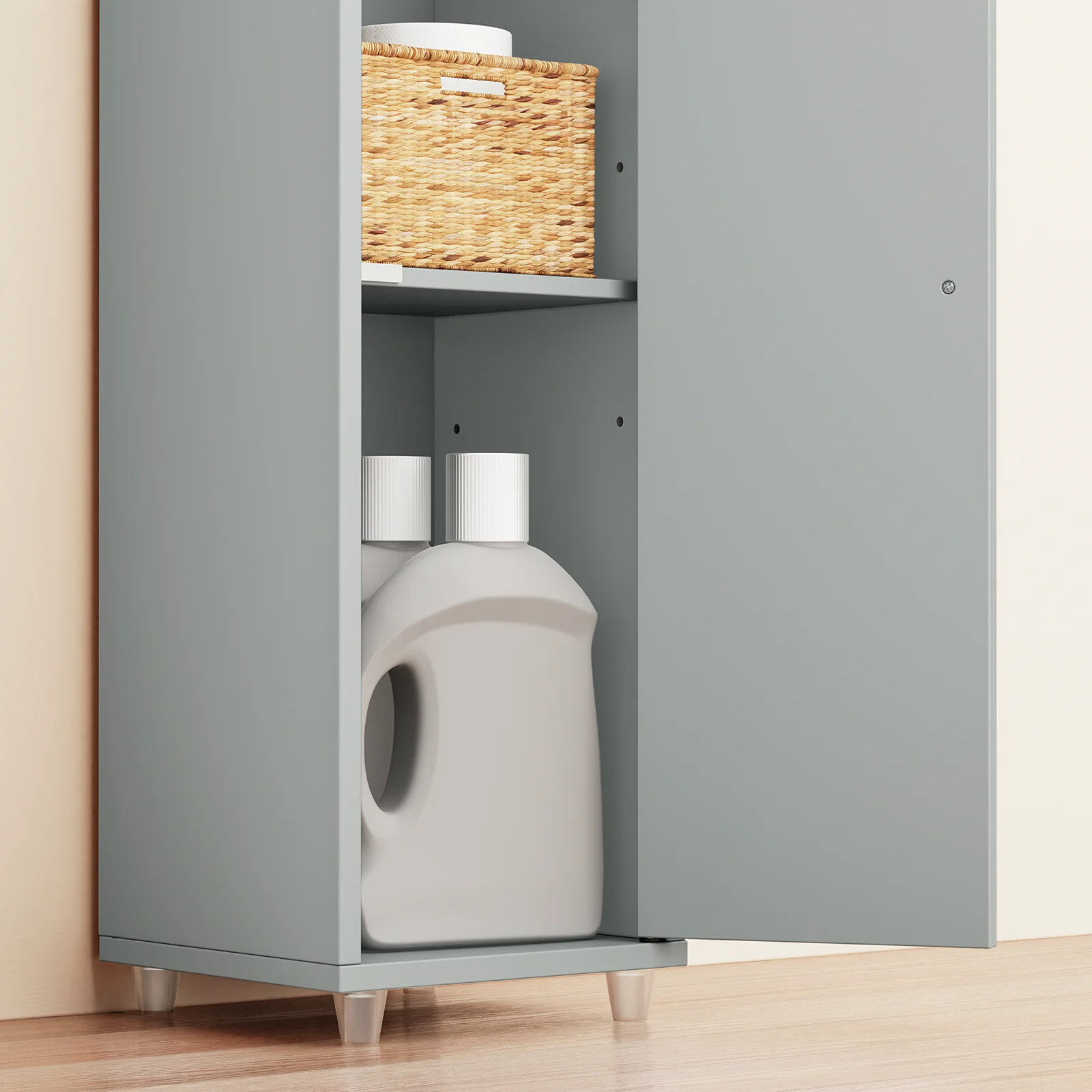 SoBuy BZR34-II-HG Hoge Badkamerkast – Smalle Opbergkast voor Badkamer– Vrijstaand Slank Badkamermeubel, Waterbestendig MDF met Verstelbare Planken en Lade, 20x20x180cm, Grijs - Image 12