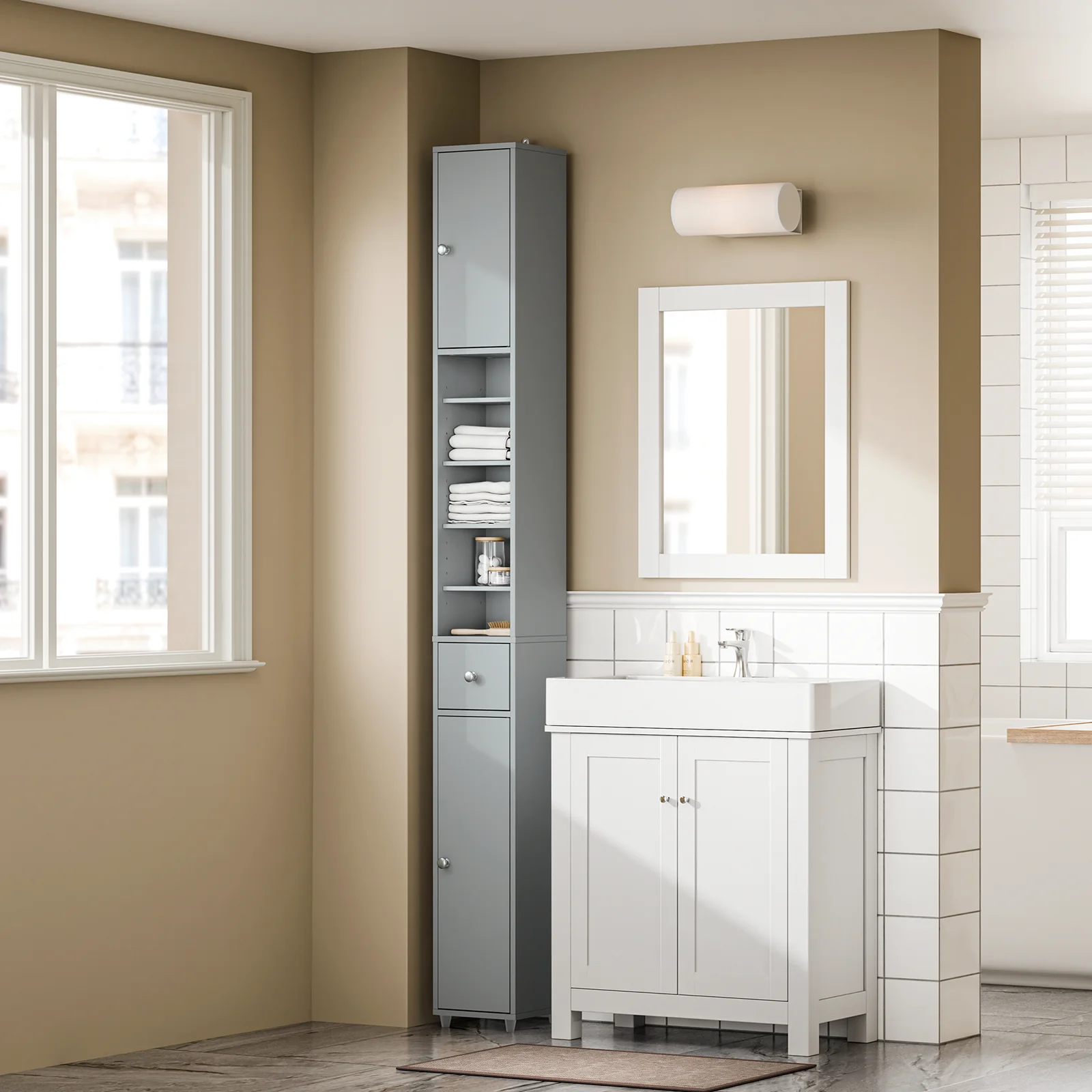 SoBuy BZR34-II-HG Hoge Badkamerkast – Smalle Opbergkast voor Badkamer– Vrijstaand Slank Badkamermeubel, Waterbestendig MDF met Verstelbare Planken en Lade, 20x20x180cm, Grijs - Image 3