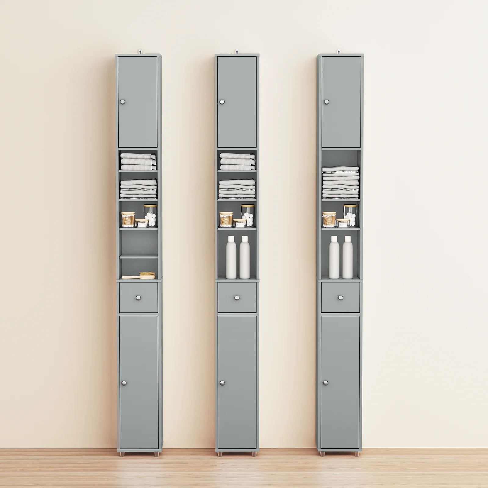 SoBuy BZR34-II-HG Hoge Badkamerkast – Smalle Opbergkast voor Badkamer– Vrijstaand Slank Badkamermeubel, Waterbestendig MDF met Verstelbare Planken en Lade, 20x20x180cm, Grijs - Image 4