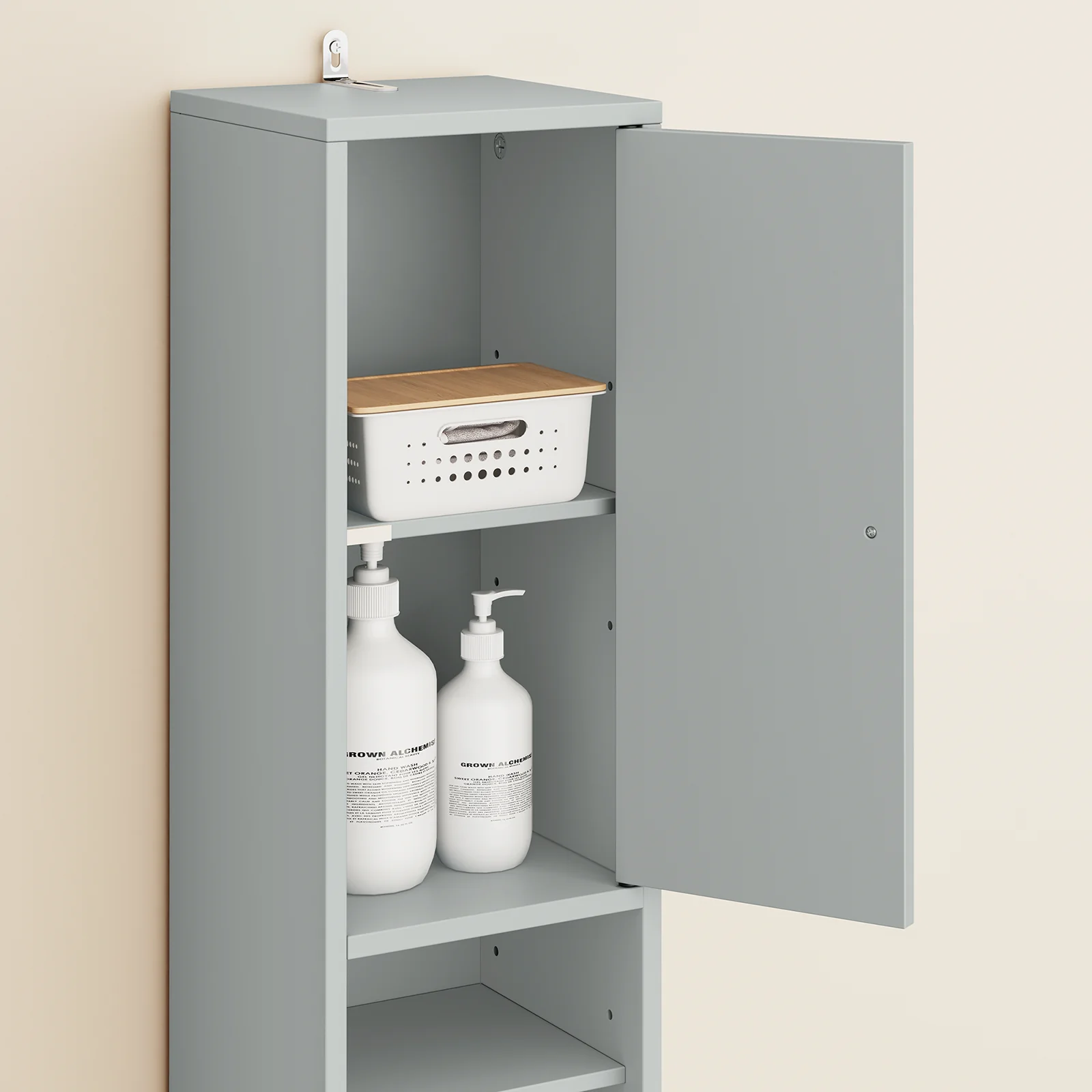 SoBuy BZR34-II-HG Hoge Badkamerkast – Smalle Opbergkast voor Badkamer– Vrijstaand Slank Badkamermeubel, Waterbestendig MDF met Verstelbare Planken en Lade, 20x20x180cm, Grijs - Image 9