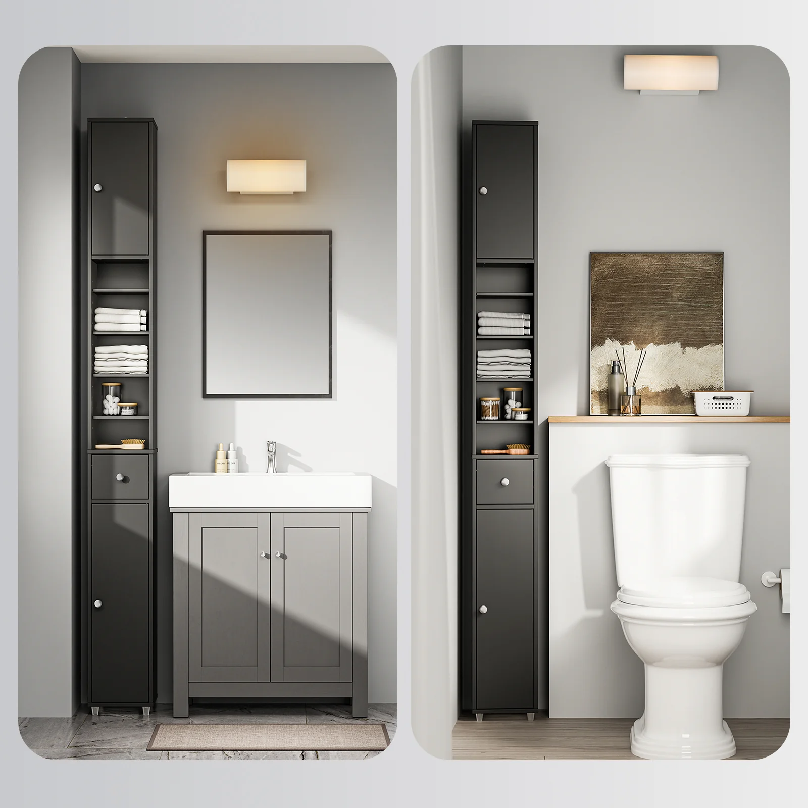SoBuy BZR34-II-SCH Hoge Badkamerkast – Smalle Opbergkast – Badkamerkolom, Kolomkast met Verstelbare Planken en Lade, Waterbestendig MDF, voor Badkamer, Woonkamer, Slaapkamer, Zwart, 20x20x180 cm - Image 10