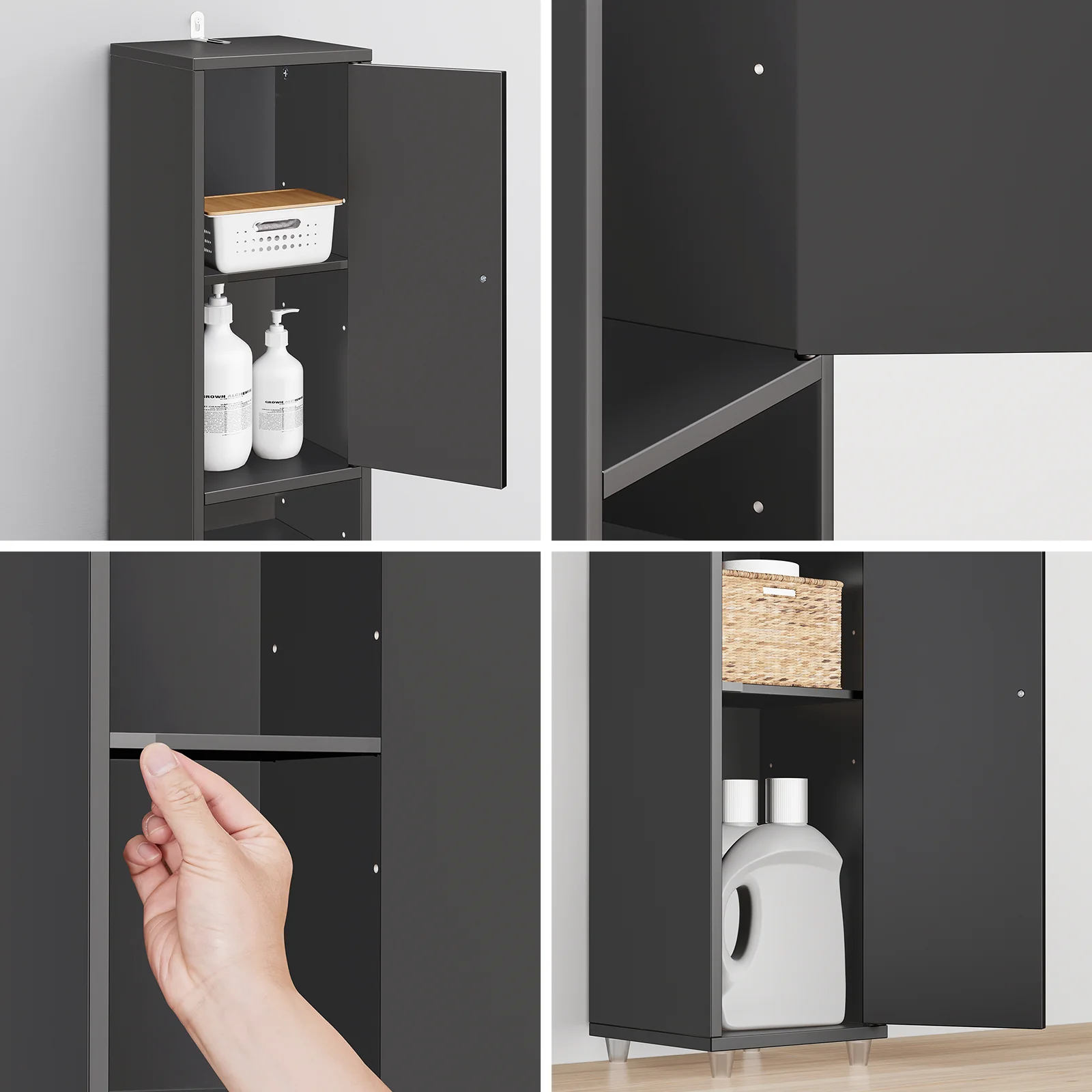 SoBuy BZR34-II-SCH Hoge Badkamerkast – Smalle Opbergkast – Badkamerkolom, Kolomkast met Verstelbare Planken en Lade, Waterbestendig MDF, voor Badkamer, Woonkamer, Slaapkamer, Zwart, 20x20x180 cm - Image 11