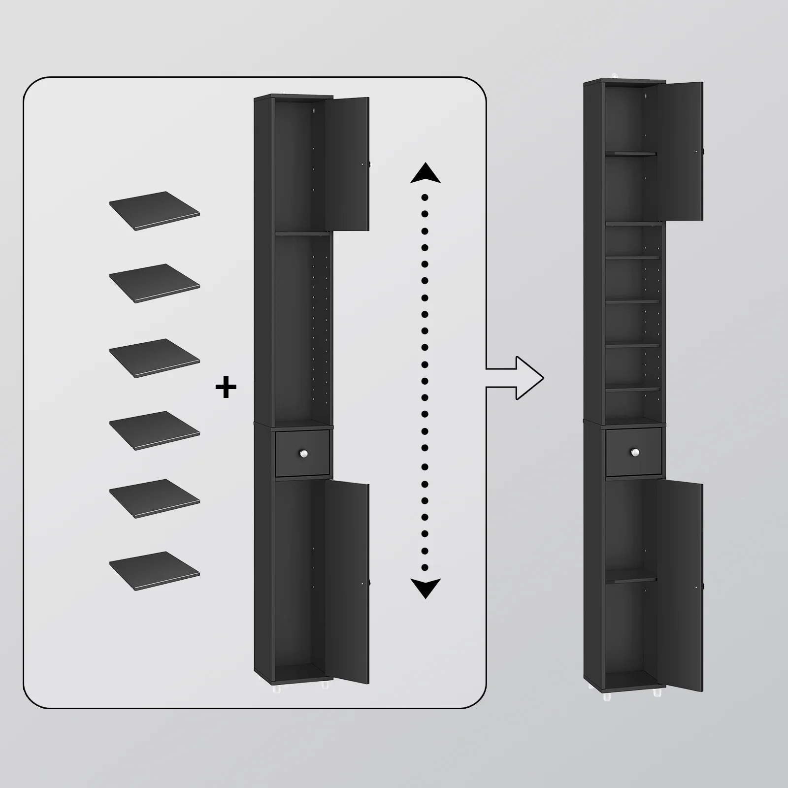 SoBuy BZR34-II-SCH Hoge Badkamerkast – Smalle Opbergkast – Badkamerkolom, Kolomkast met Verstelbare Planken en Lade, Waterbestendig MDF, voor Badkamer, Woonkamer, Slaapkamer, Zwart, 20x20x180 cm - Image 6