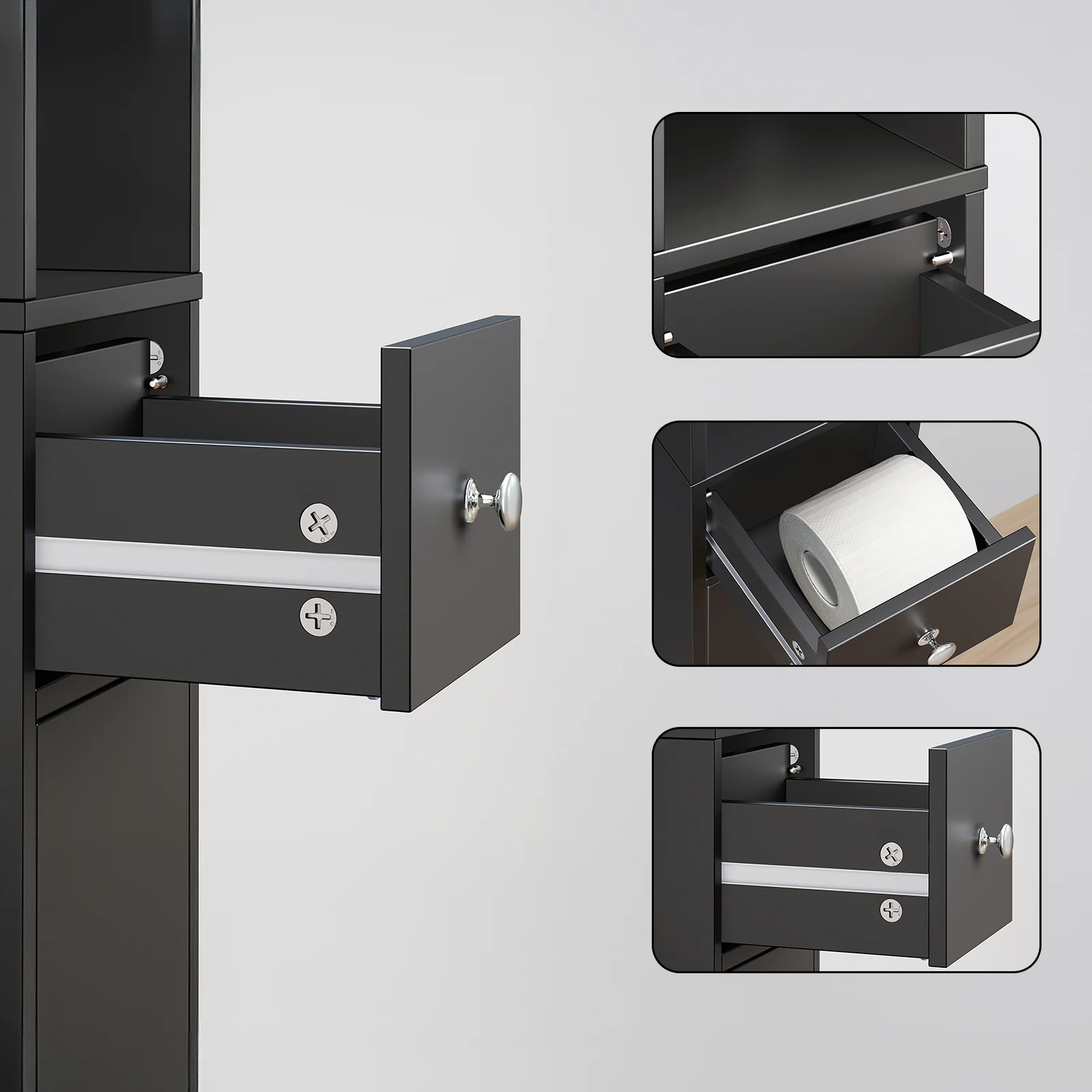SoBuy BZR34-II-SCH Hoge Badkamerkast – Smalle Opbergkast – Badkamerkolom, Kolomkast met Verstelbare Planken en Lade, Waterbestendig MDF, voor Badkamer, Woonkamer, Slaapkamer, Zwart, 20x20x180 cm - Image 8