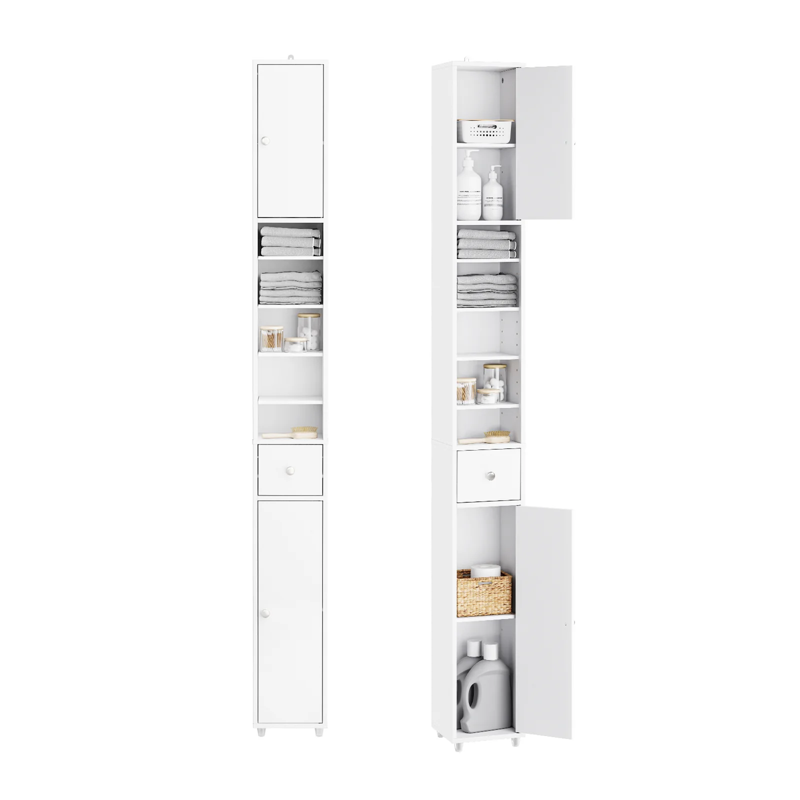 SoBuy BZR34-II-W Hoge Badkamerkast - Vrijstaande Smalle Badkamerkast, Waterbestendig met Verstelbare Planken en Lade - Compacte Badkamermeubel van Hout, Wit, B20 x D20 x H180cm