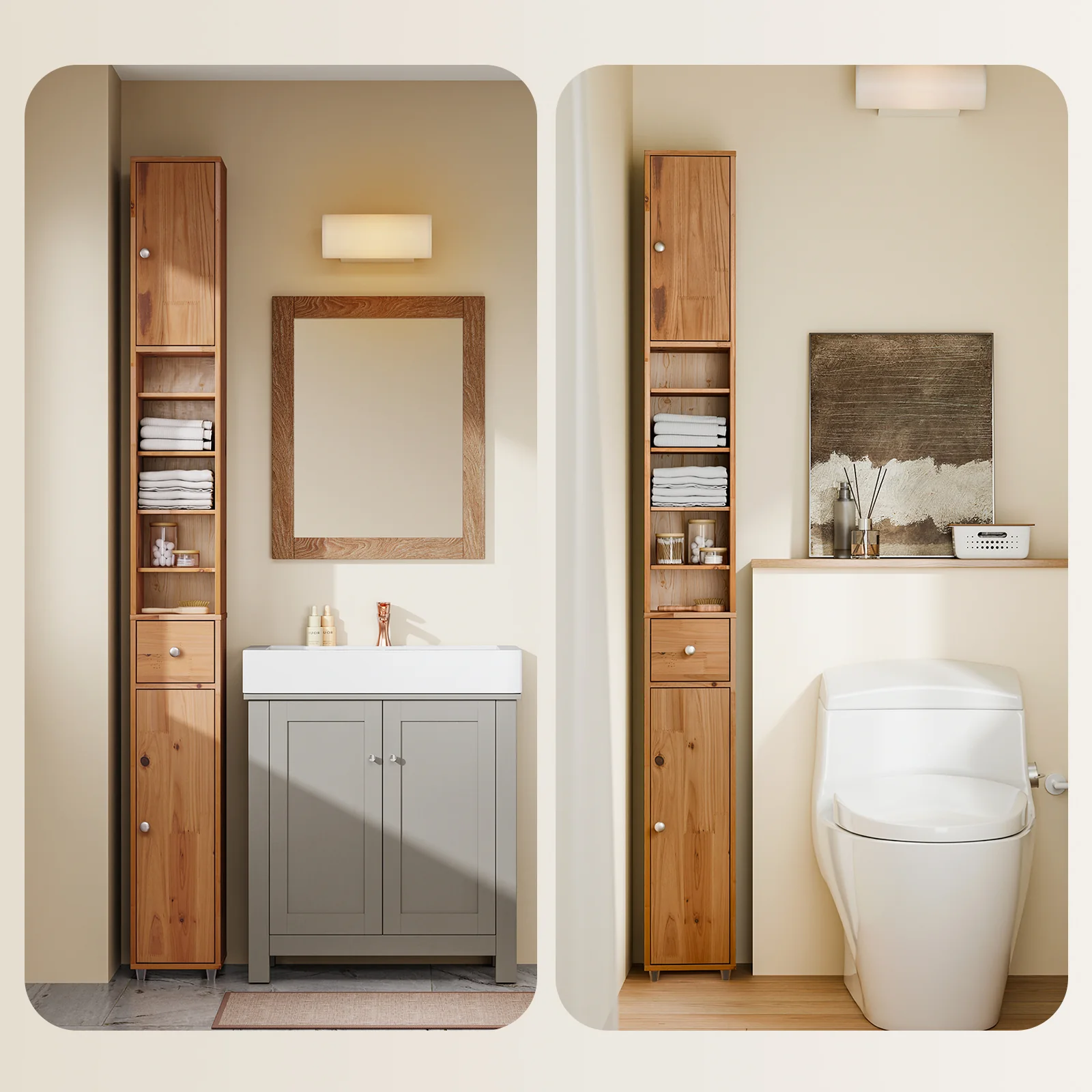 SoBuy BZR34-II-SH Hoge Badkamerkast – Smalle Opbergkast voor Badkamer– Vrijstaand Slank Badkamermeubel, Waterbestendig massief hout met Verstelbare Planken en Lade, Houtkleur, B20 x D20 x H180cm - Image 10