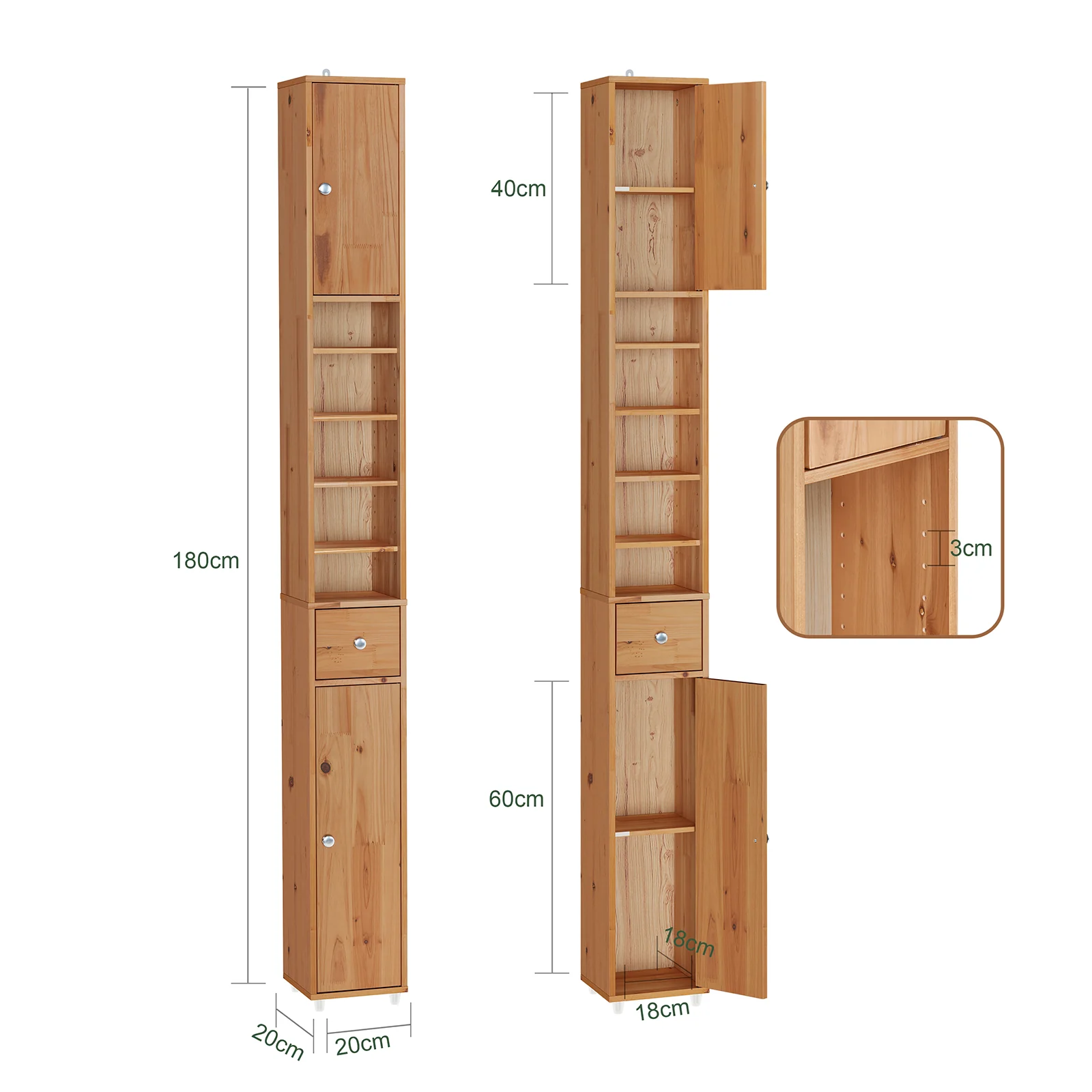 SoBuy BZR34-II-SH Hoge Badkamerkast – Smalle Opbergkast voor Badkamer– Vrijstaand Slank Badkamermeubel, Waterbestendig massief hout met Verstelbare Planken en Lade, Houtkleur, B20 x D20 x H180cm - Image 4