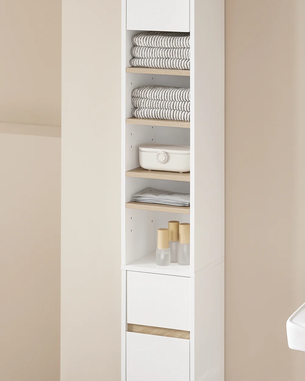 SoBuy BZR34-WN Hoge Badkamerkast met Verstelbare Planken, Smalle Opbergkast, Vrijstaand Slank Badkamermeubel, Waterbestendig MDF, voor Badkamer, Woonkamer, Slaapkamer, Wit en Houtkleur, 20x20x180cm - Image 11