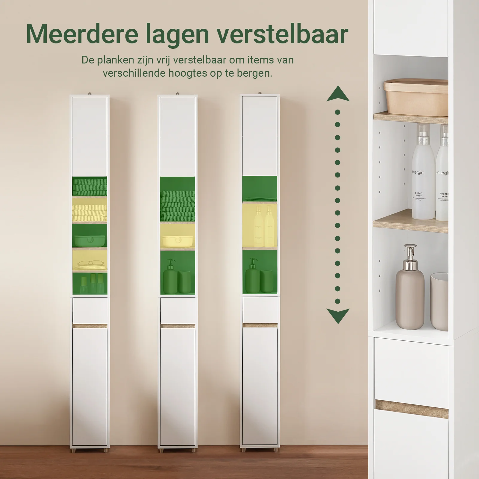 SoBuy BZR34-WN Hoge Badkamerkast met Verstelbare Planken, Smalle Opbergkast, Vrijstaand Slank Badkamermeubel, Waterbestendig MDF, voor Badkamer, Woonkamer, Slaapkamer, Wit en Houtkleur, 20x20x180cm - Image 6