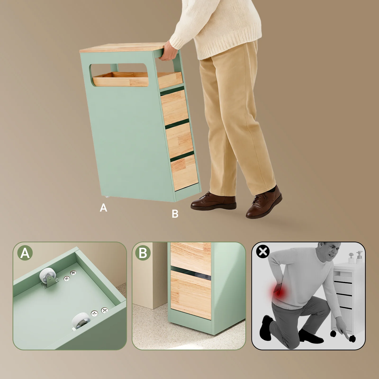 SoBuy BZR54-II-GR Smalle Badkamerkast op Wielen – Compact Opbergmeubel met Lades & Vakken – 65×23×82 cm, Groen - Image 6
