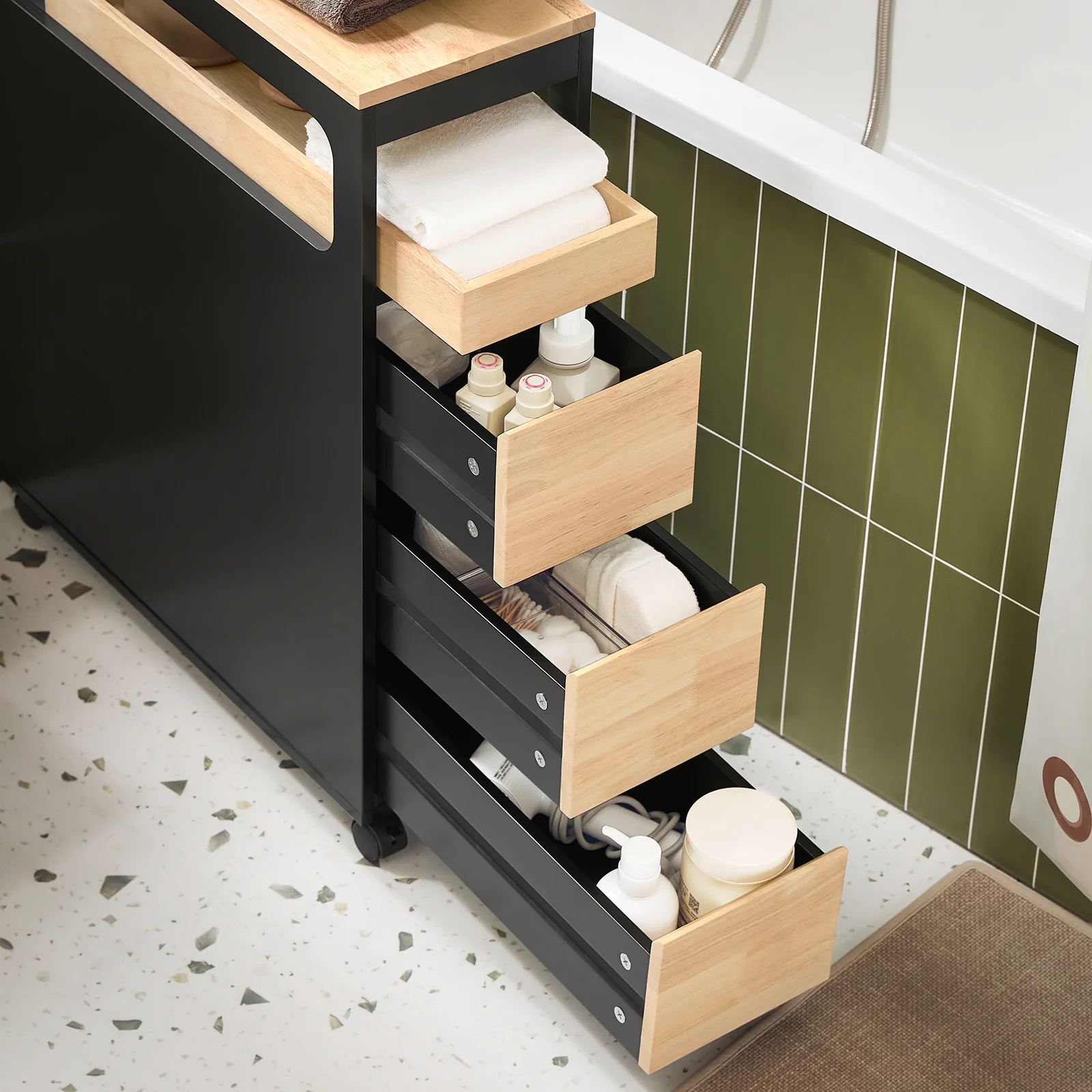 Pre-order SoBuy BZR54-II-SCH Smalle Badkamerkast op Wielen – Compact Opbergmeubel met Lades & Vakken – 65×23×82 cm, Zwart - Image 10
