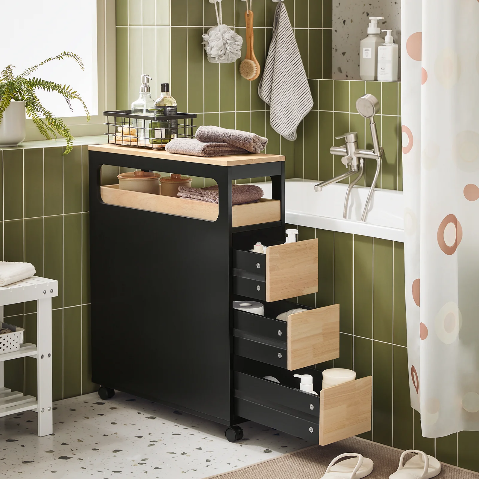 Pre-order SoBuy BZR54-II-SCH Smalle Badkamerkast op Wielen – Compact Opbergmeubel met Lades & Vakken – 65×23×82 cm, Zwart - Image 3