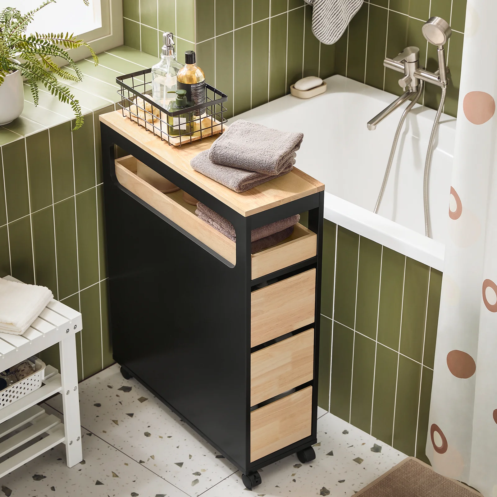 Pre-order SoBuy BZR54-II-SCH Smalle Badkamerkast op Wielen – Compact Opbergmeubel met Lades & Vakken – 65×23×82 cm, Zwart - Image 4