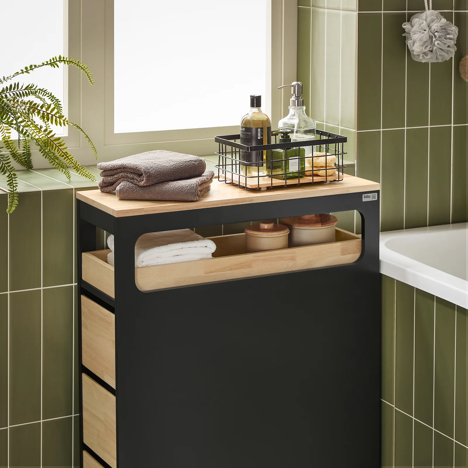 Pre-order SoBuy BZR54-II-SCH Smalle Badkamerkast op Wielen – Compact Opbergmeubel met Lades & Vakken – 65×23×82 cm, Zwart - Image 9