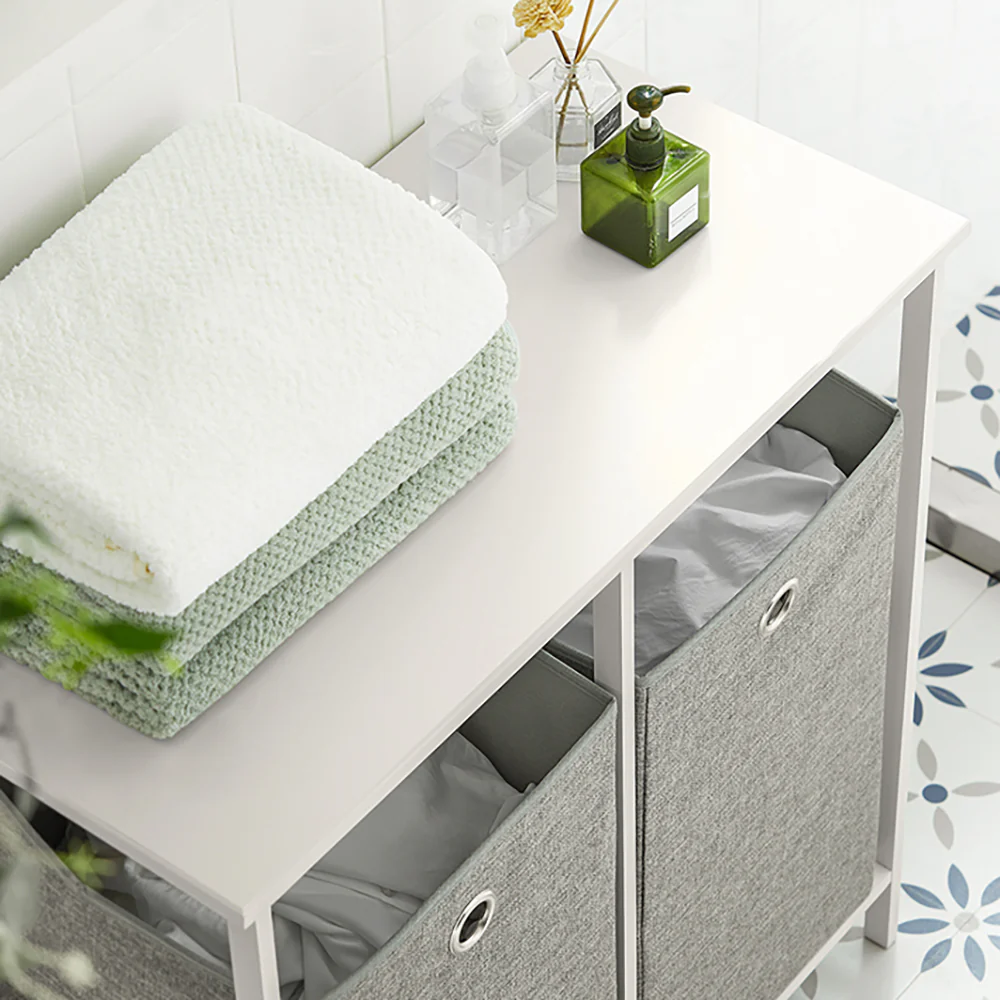 SoBuy BZR57-W Wasmand - met Legplank - 2 Compartimenten - 2 Verwijderbare Waszakken - Image 3