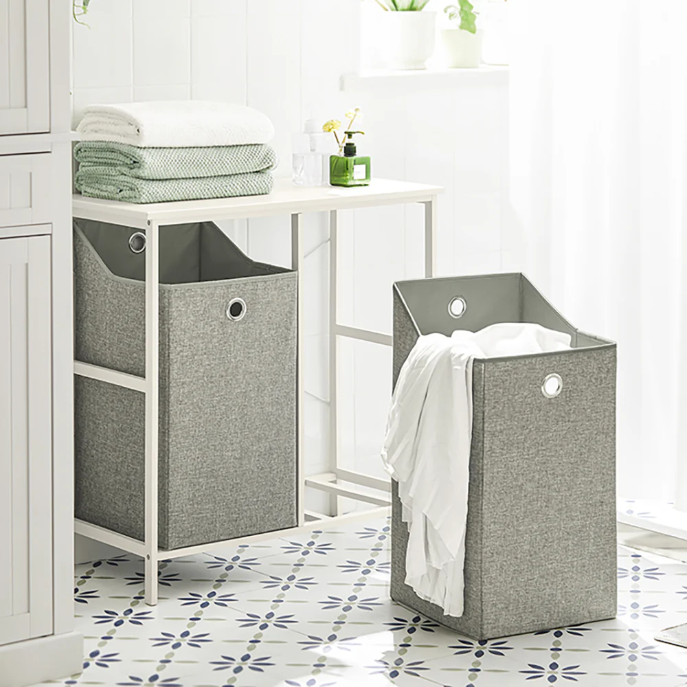 SoBuy BZR57-W Wasmand - met Legplank - 2 Compartimenten - 2 Verwijderbare Waszakken - Image 9