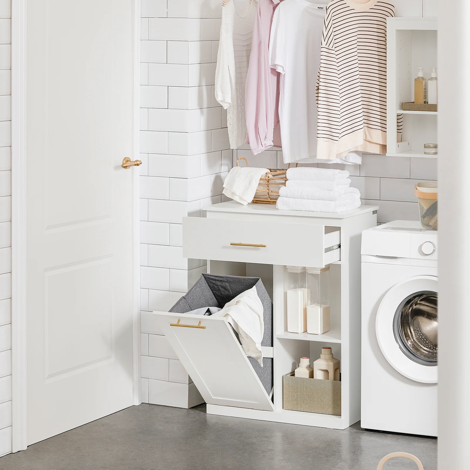 SoBuy BZR66-W Badkamerkast met Kantelbare Wasmand, Badkamermeubel met Waskast, Lage Kast, Staande Kast - Image 3