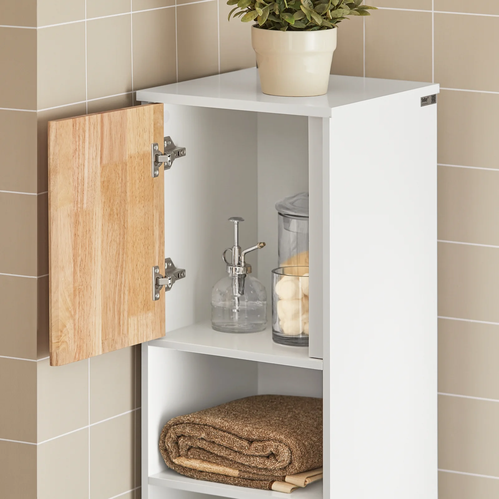 SoBuy BZR74-W Hoge Badkamerkast – Smalle Opbergkast met Wasmand, Vochtbestendig Hout, Wit-Naturel, 31x170x32 cm - Image 11