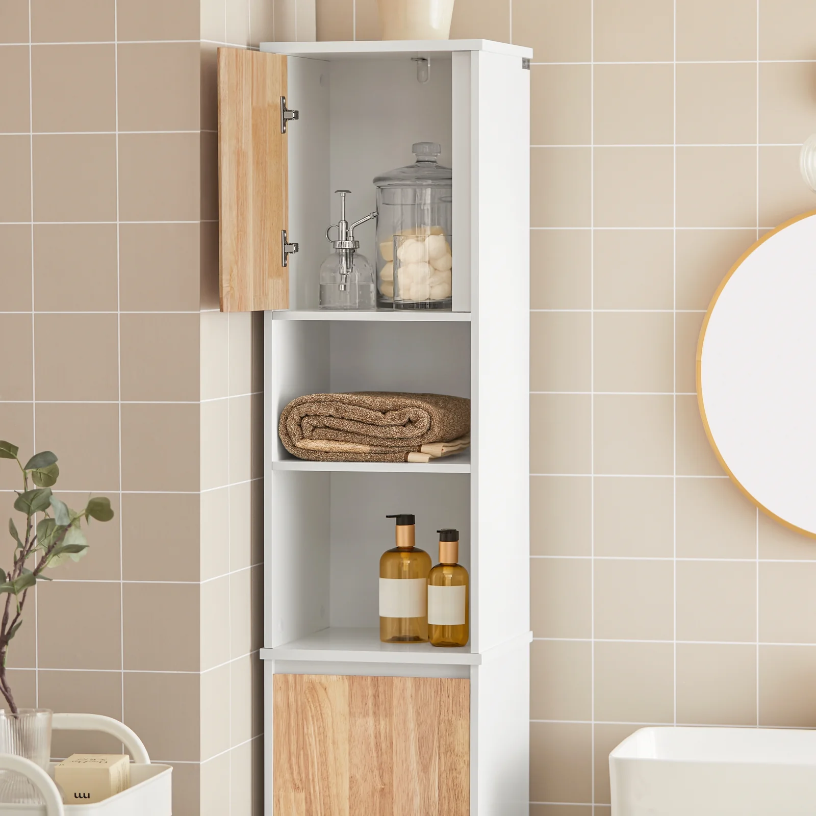 SoBuy BZR74-W Hoge Badkamerkast – Smalle Opbergkast met Wasmand, Vochtbestendig Hout, Wit-Naturel, 31x170x32 cm - Image 13