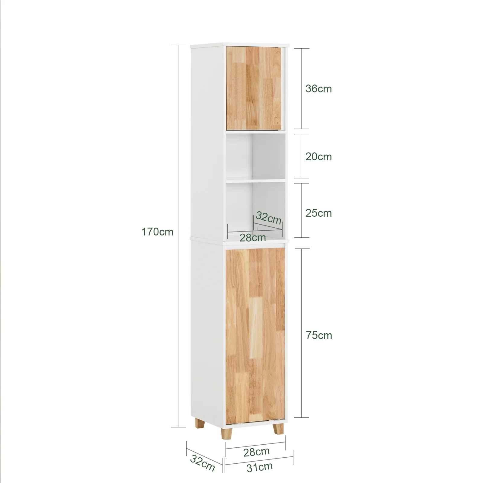 SoBuy BZR74-W Hoge Badkamerkast – Smalle Opbergkast met Wasmand, Vochtbestendig Hout, Wit-Naturel, 31x170x32 cm - Image 5
