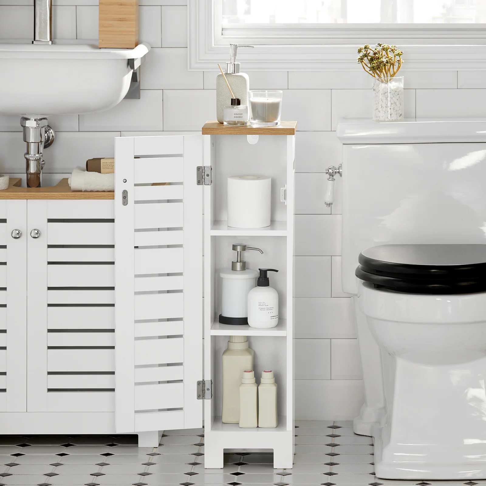SoBuy BZR85-W Badkamer Kast, Staande Badkamerkast, Lage kast, Toiletrolhouder, Toiletkast, Smalle Opbergkast - Image 3