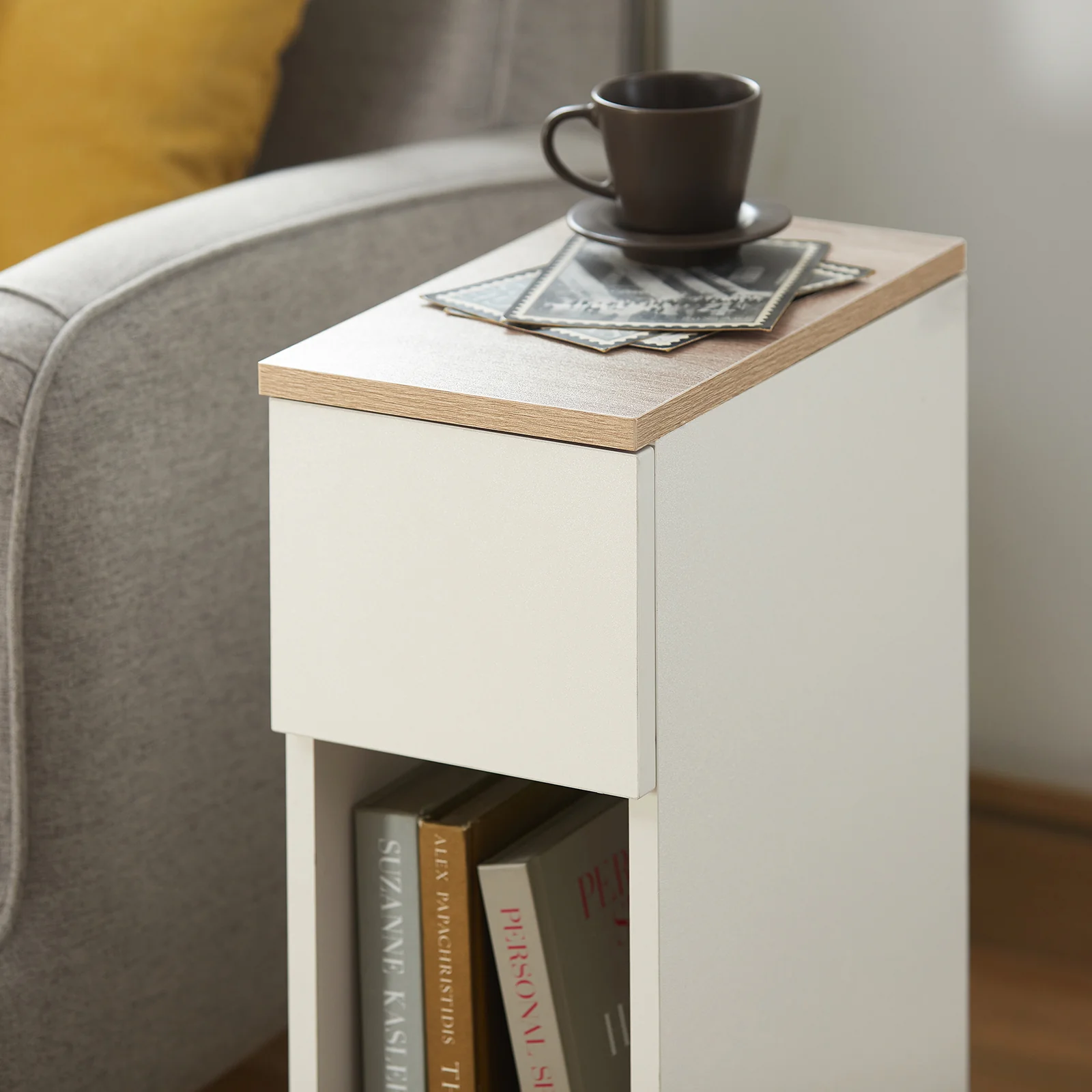 SoBuy FBT111-WNx2 Smal Nachtkastje Set van 2 met Lade en Plank, Moderne Bijzettafel voor Woonkamer of Slaapkamer, Witte Kleur, L 20 x B 35 x H 60 cm - Image 14