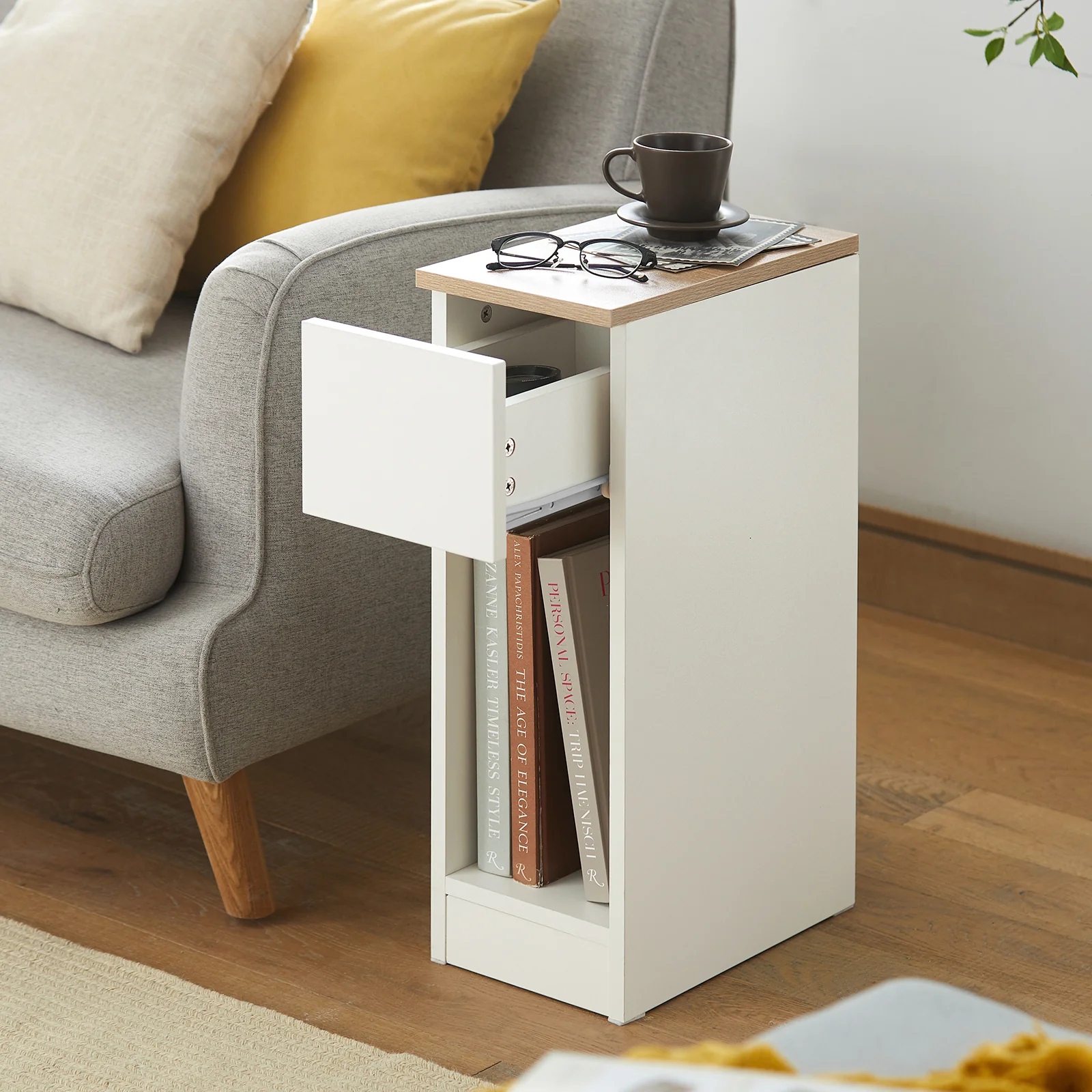 SoBuy FBT111-WNx2 Smal Nachtkastje Set van 2 met Lade en Plank, Moderne Bijzettafel voor Woonkamer of Slaapkamer, Witte Kleur, L 20 x B 35 x H 60 cm - Image 4