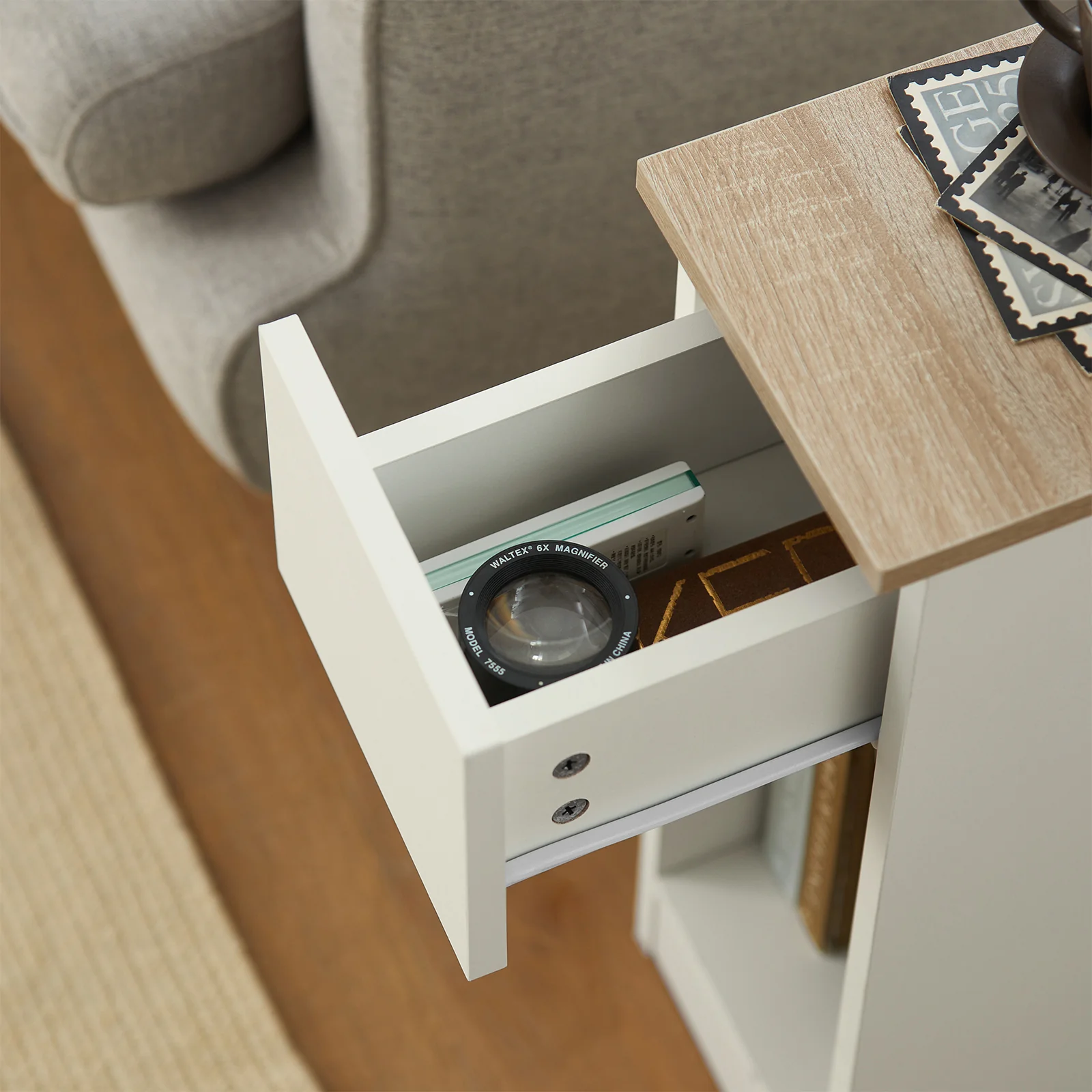 SoBuy FBT111-WNx2 Smal Nachtkastje Set van 2 met Lade en Plank, Moderne Bijzettafel voor Woonkamer of Slaapkamer, Witte Kleur, L 20 x B 35 x H 60 cm - Image 6