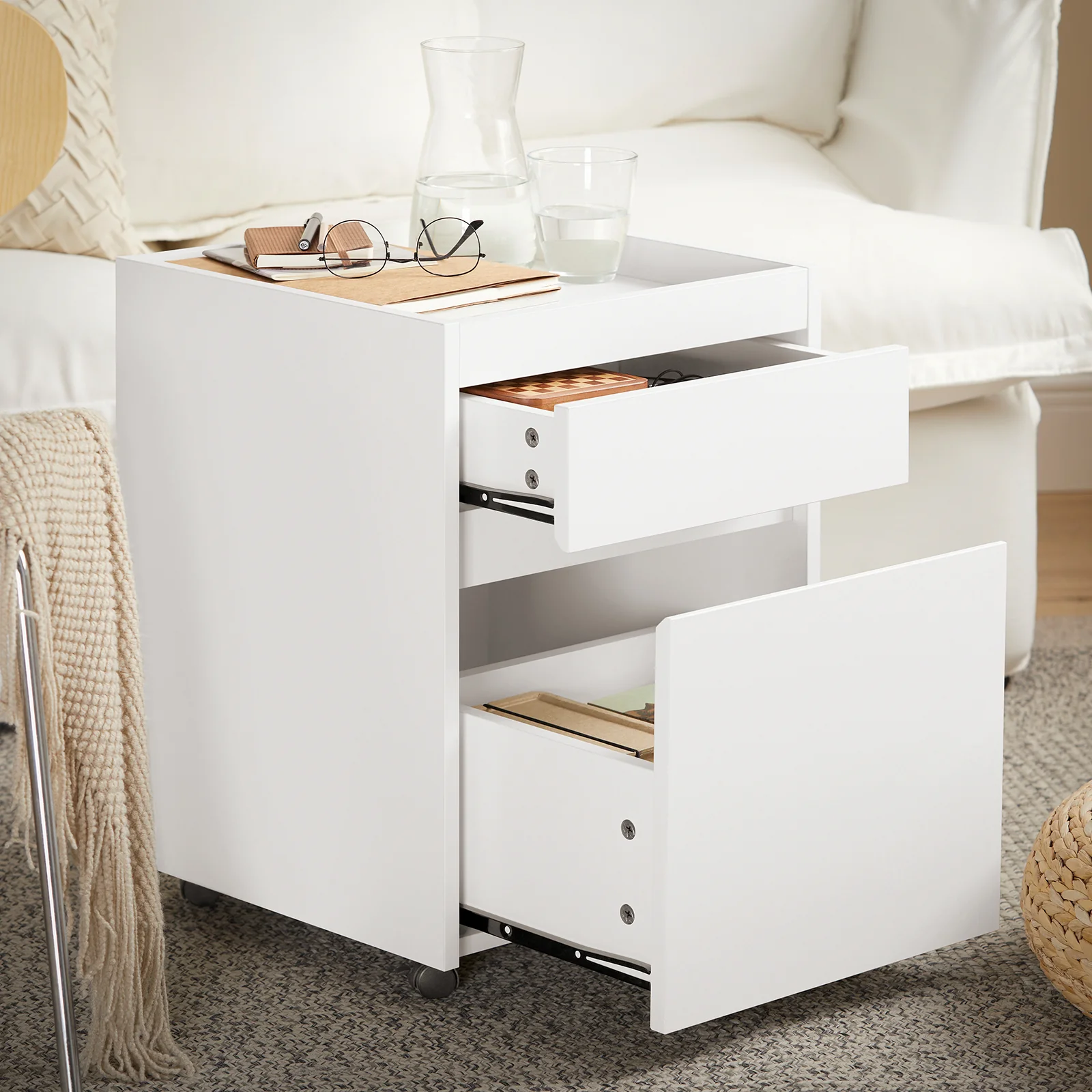 SoBuy FBT121-W Bijzettafel, Nachtkastje met 2 Schuifladen, Sofa Bijzettafel, Salontafel, Slaapkamertafel, Bedtafel - Image 4