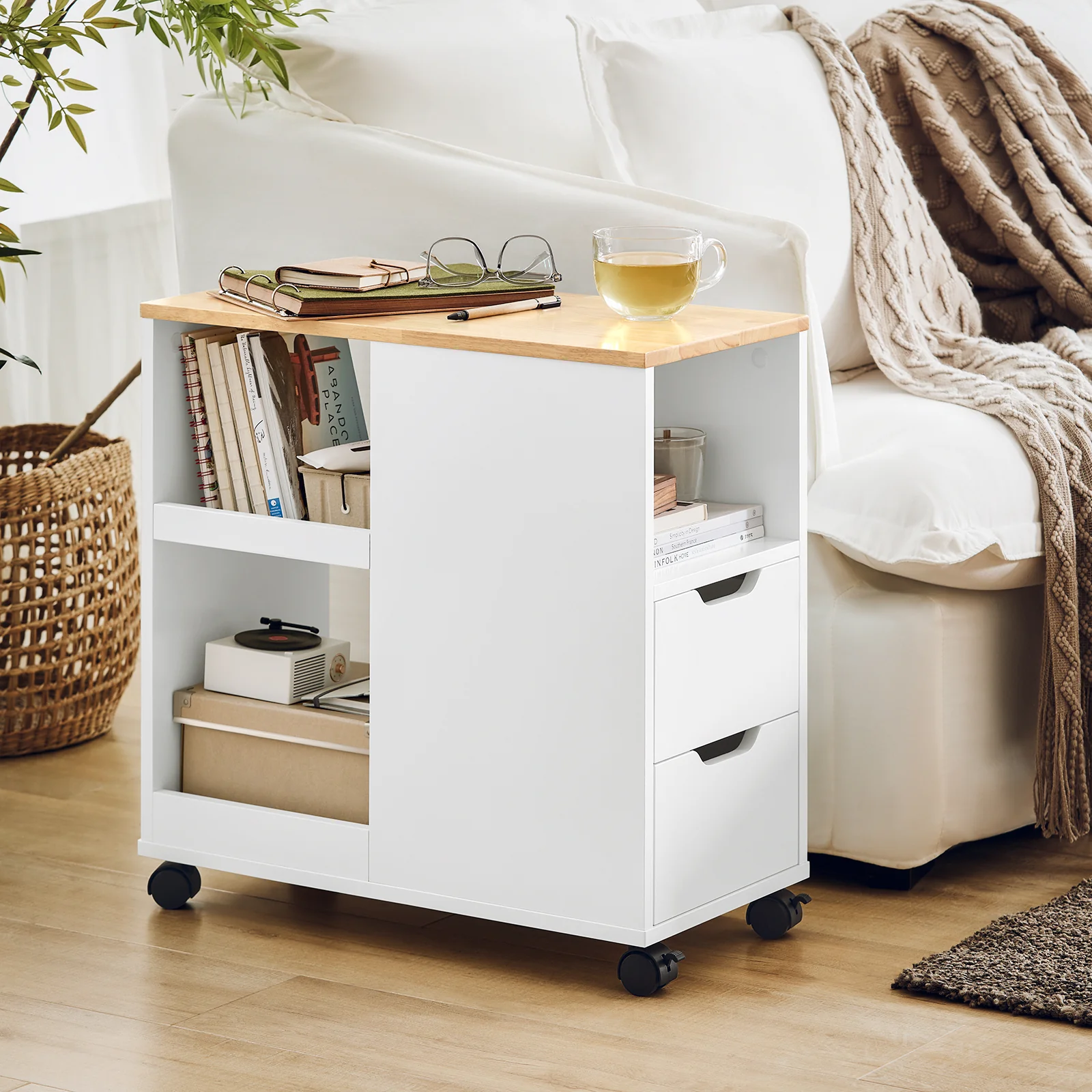 SoBuy FBT130-WN Bijzettafel met 2 Laden en Planken, Sofa Bijzettafel, Salontafel, Nachtkastje, Slaapkamertafel - Image 3