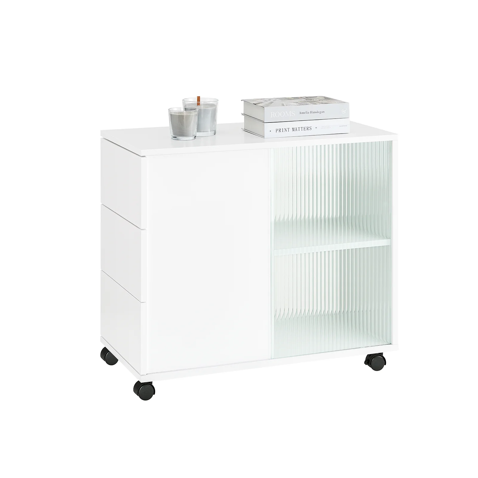 SoBuy FBT141-W Bankpunt, roltafel, salontafel, koffietafel met 3 laden, voor woonkamer, kantoor, slaapkamer, hout en glas