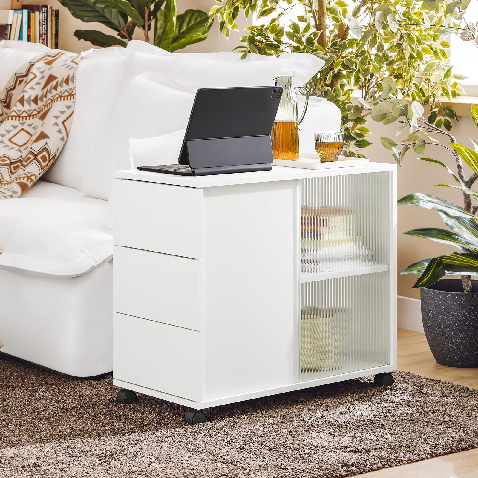 SoBuy FBT141-W Bankpunt, roltafel, salontafel, koffietafel met 3 laden, voor woonkamer, kantoor, slaapkamer, hout en glas - Image 2
