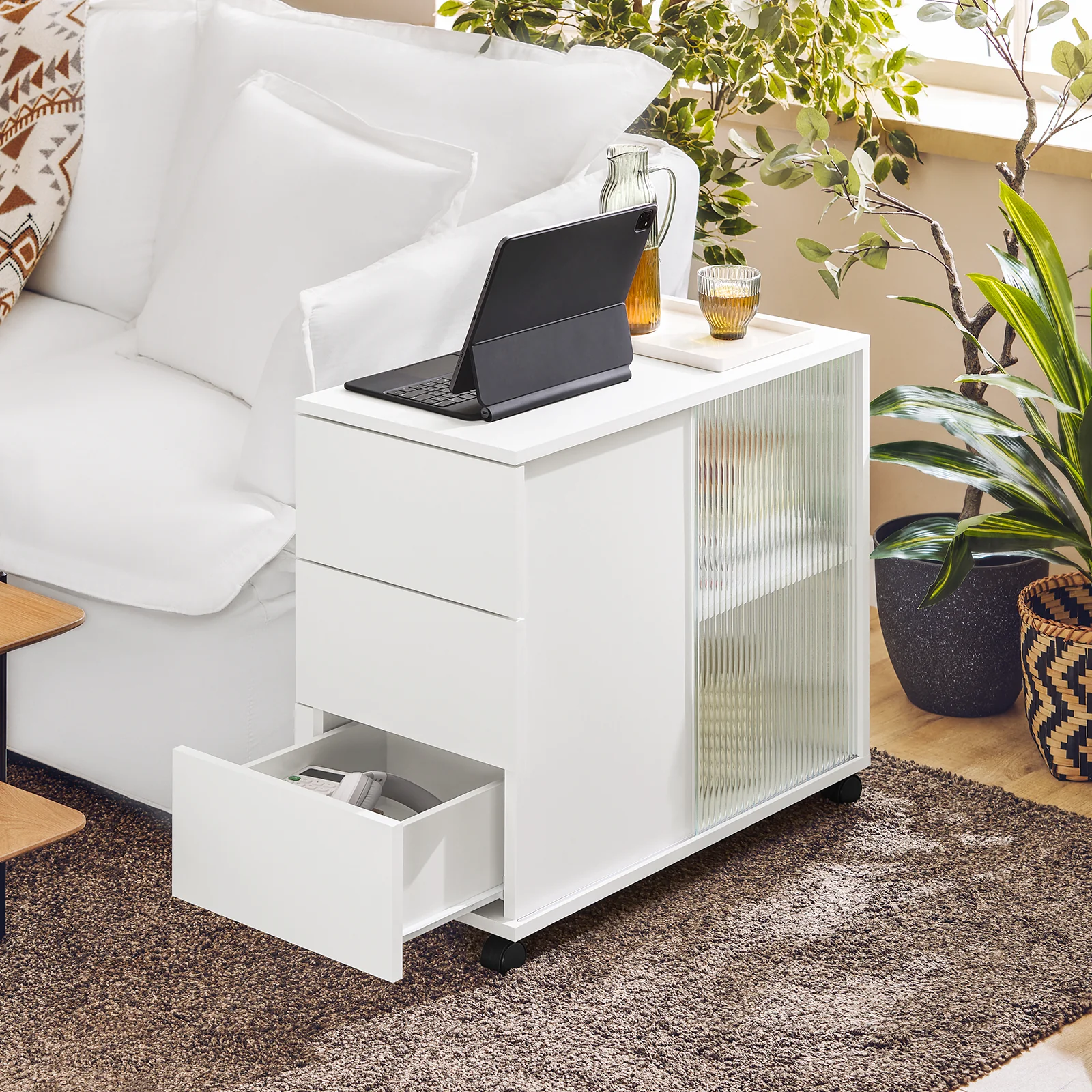 SoBuy FBT141-W Bankpunt, roltafel, salontafel, koffietafel met 3 laden, voor woonkamer, kantoor, slaapkamer, hout en glas - Image 3