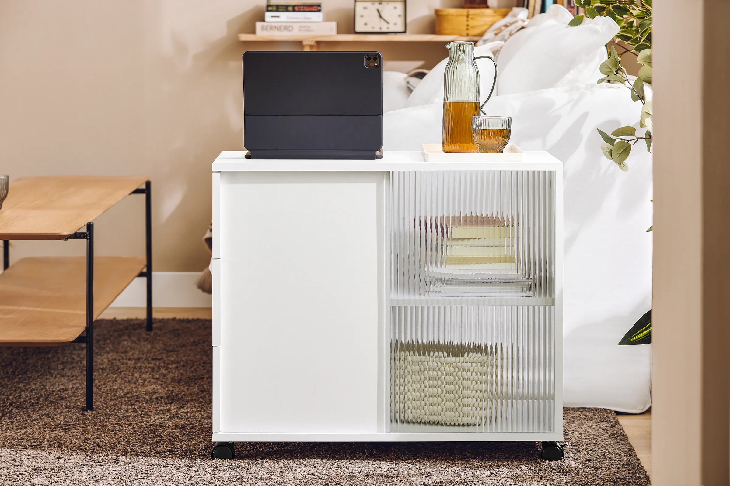 SoBuy FBT141-W Bankpunt, roltafel, salontafel, koffietafel met 3 laden, voor woonkamer, kantoor, slaapkamer, hout en glas - Image 4