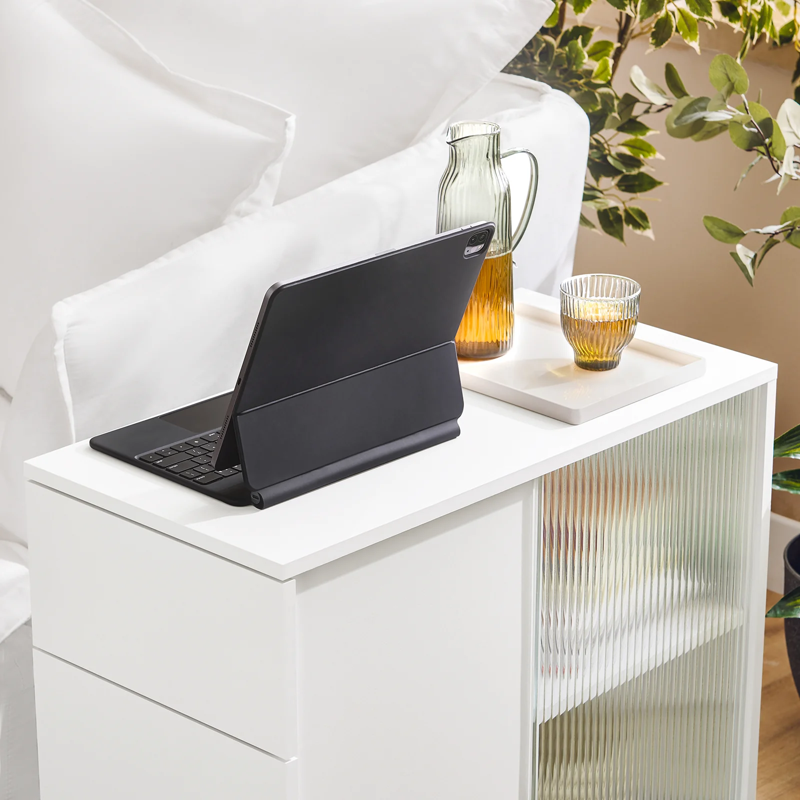 SoBuy FBT141-W Bankpunt, roltafel, salontafel, koffietafel met 3 laden, voor woonkamer, kantoor, slaapkamer, hout en glas - Image 7