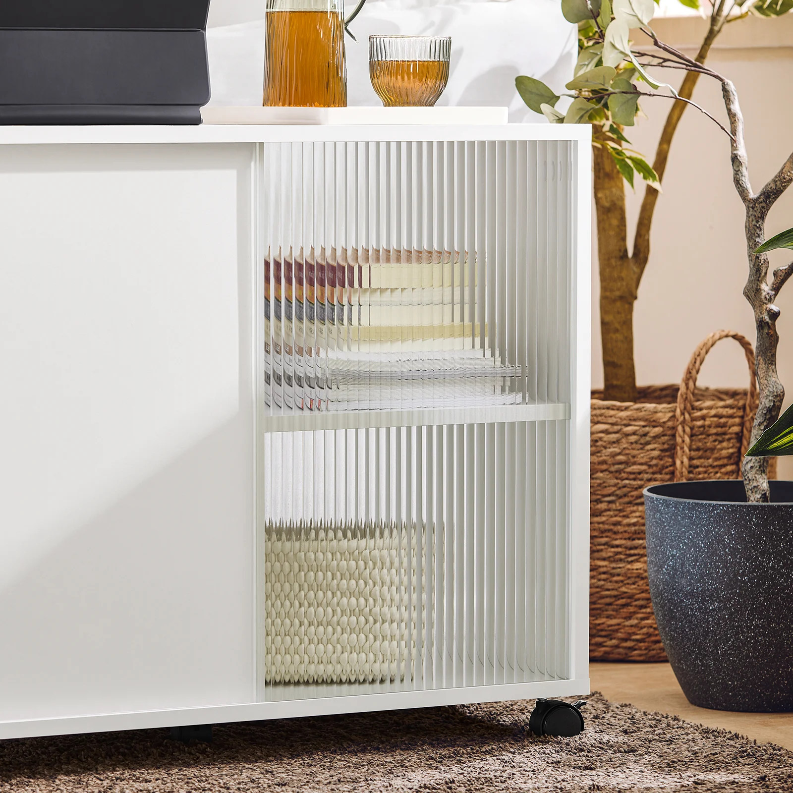 SoBuy FBT141-W Bankpunt, roltafel, salontafel, koffietafel met 3 laden, voor woonkamer, kantoor, slaapkamer, hout en glas - Image 9