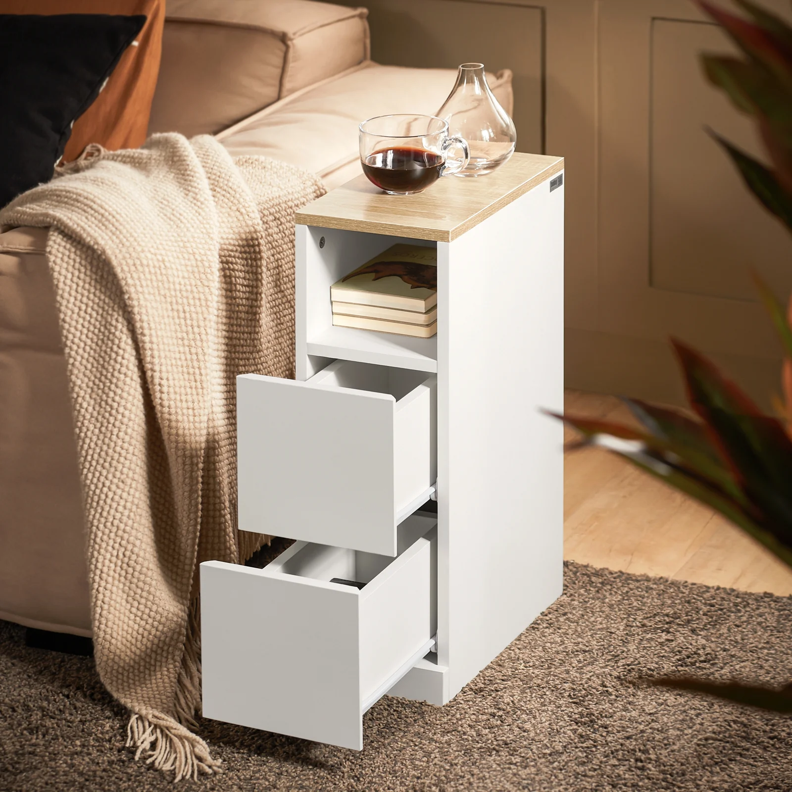 Pre-order SoBuy FBT149-WN Smalle Nachtkast – Moderne Bijzettafel met 2 Lades en Open Plank – Ideaal voor Slaapkamer of Woonkamer – Wit – 20 x 35 x 60 cm - Image 4