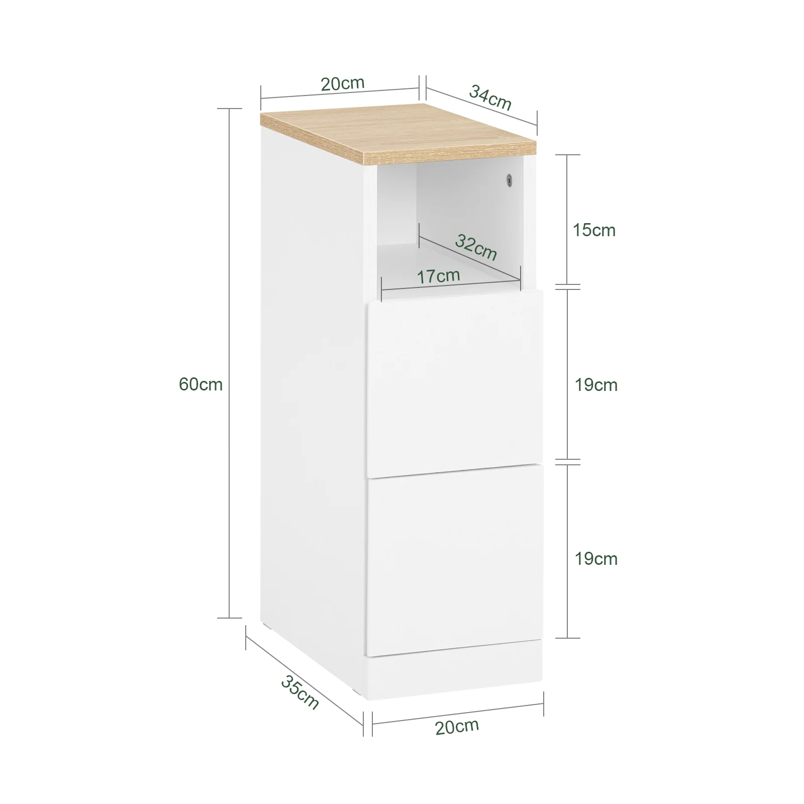 Pre-order SoBuy FBT149-WN Smalle Nachtkast – Moderne Bijzettafel met 2 Lades en Open Plank – Ideaal voor Slaapkamer of Woonkamer – Wit – 20 x 35 x 60 cm - Image 5