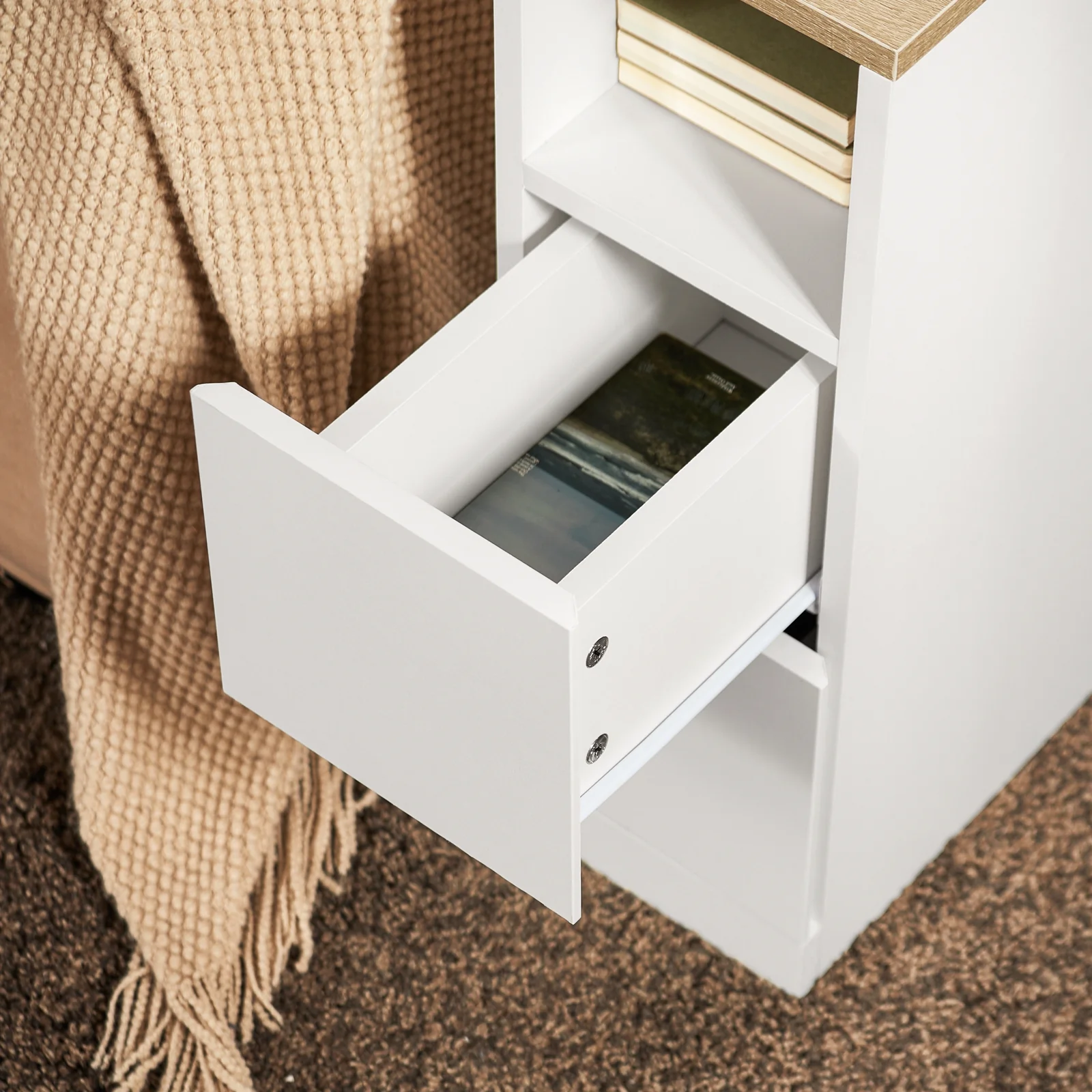 Pre-order SoBuy FBT149-WN Smalle Nachtkast – Moderne Bijzettafel met 2 Lades en Open Plank – Ideaal voor Slaapkamer of Woonkamer – Wit – 20 x 35 x 60 cm - Image 8