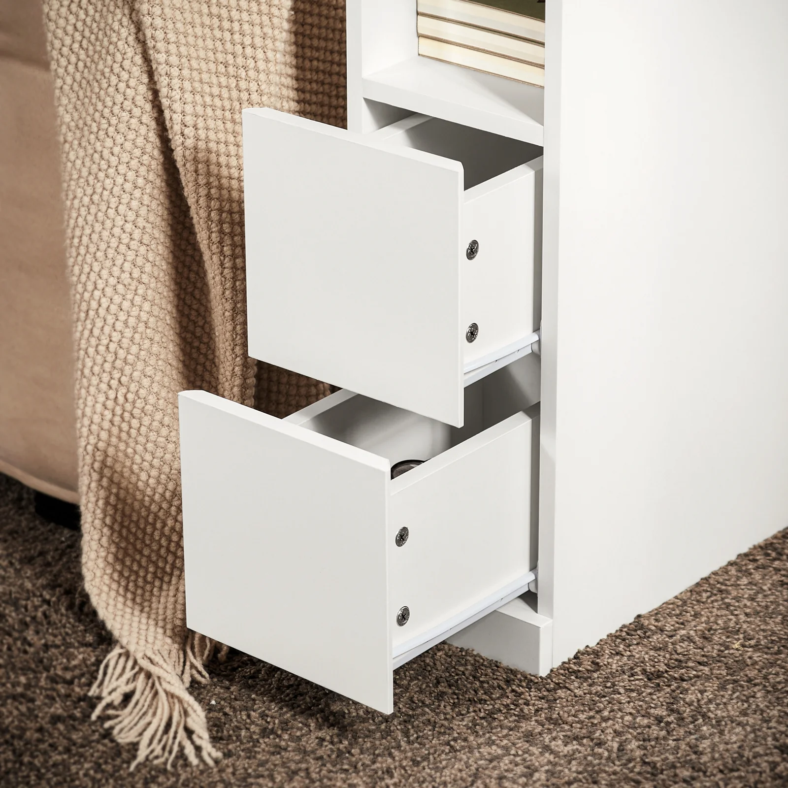 Pre-order SoBuy FBT149-WN Smalle Nachtkast – Moderne Bijzettafel met 2 Lades en Open Plank – Ideaal voor Slaapkamer of Woonkamer – Wit – 20 x 35 x 60 cm - Image 9