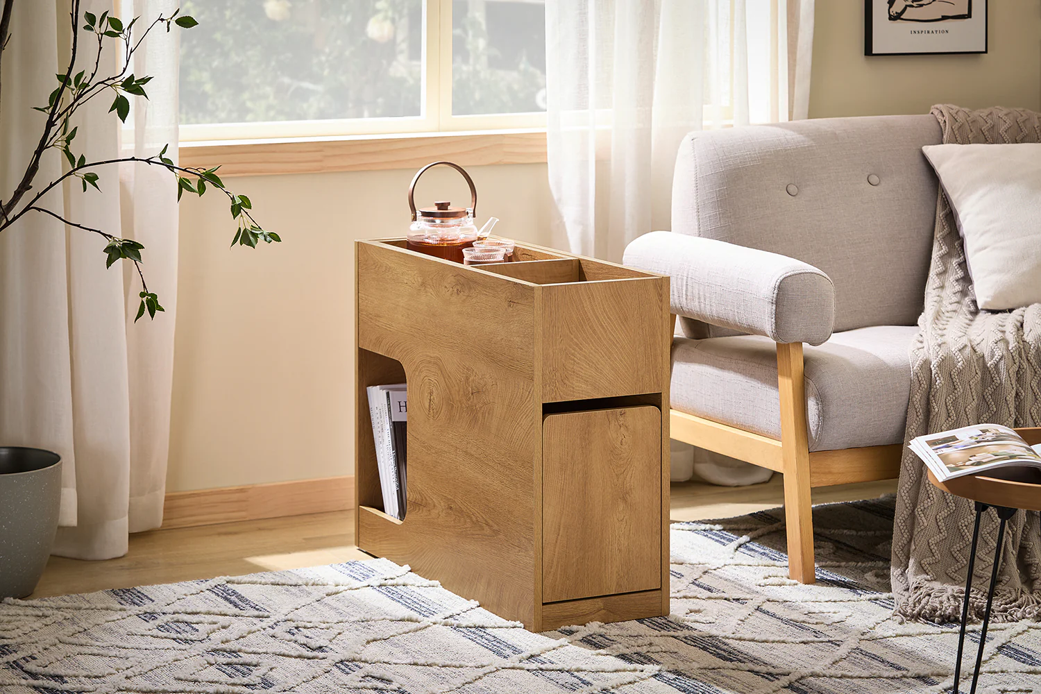 SoBuy FBT158-N Smalle Bijzettafel 25 cm met Uitschuifbaar Blad & Lade – Ruimtebesparend Nachtkastje voor Woonkamer & Slaapkamer – Naturel (L25 x D70 x H55 cm) - Image 13