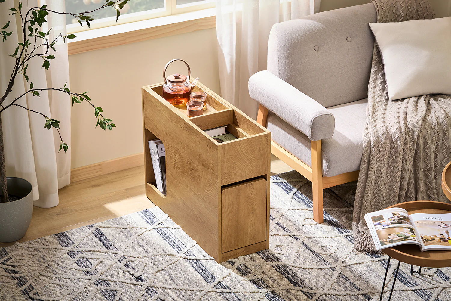 SoBuy FBT158-N Smalle Bijzettafel 25 cm met Uitschuifbaar Blad & Lade – Ruimtebesparend Nachtkastje voor Woonkamer & Slaapkamer – Naturel (L25 x D70 x H55 cm) - Image 14