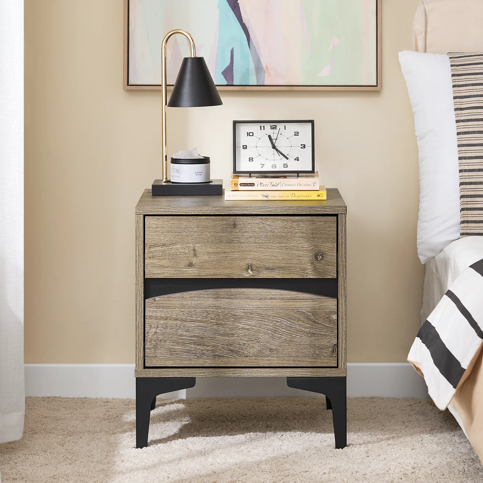 SoBuy FBT165-N Nachtkastje, 2 laden met gebogen voorkant, houteffect en metalen poten, moderne bijzettafel voor slaapkamer, 40 × 40 × 47 cm, naturel - Image 2