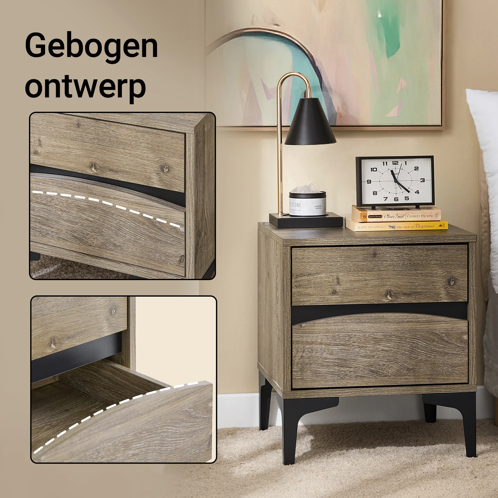 SoBuy FBT165-N Nachtkastje, 2 laden met gebogen voorkant, houteffect en metalen poten, moderne bijzettafel voor slaapkamer, 40 × 40 × 47 cm, naturel - Image 5