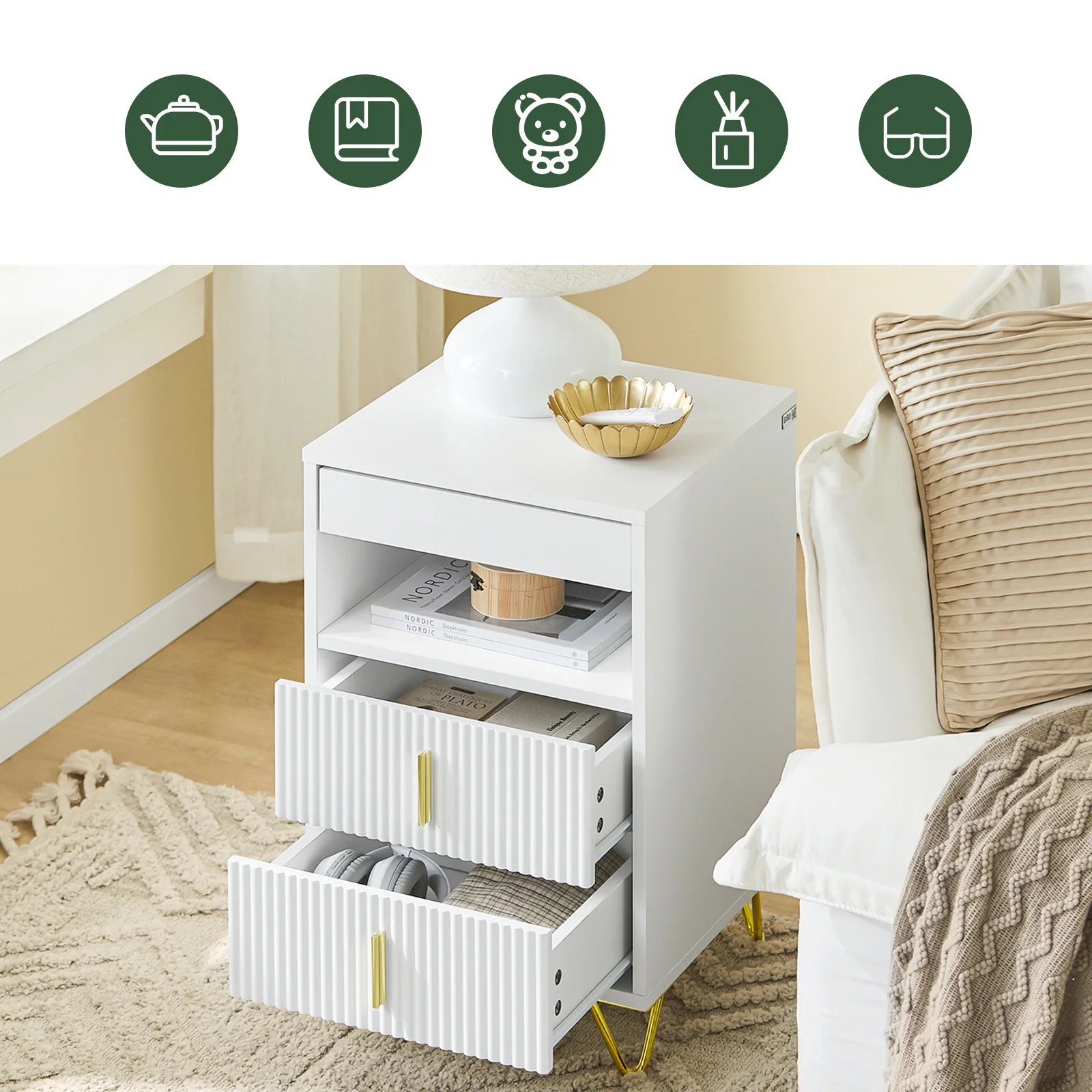 SoBuy FBT168-W Nachtkastje, nachtkastje met 3 laden en plank, moderne bijzettafel voor slaapkamer en woonkamer, wit, 40 x 40 x 63 cm (b x d x h) - Image 7