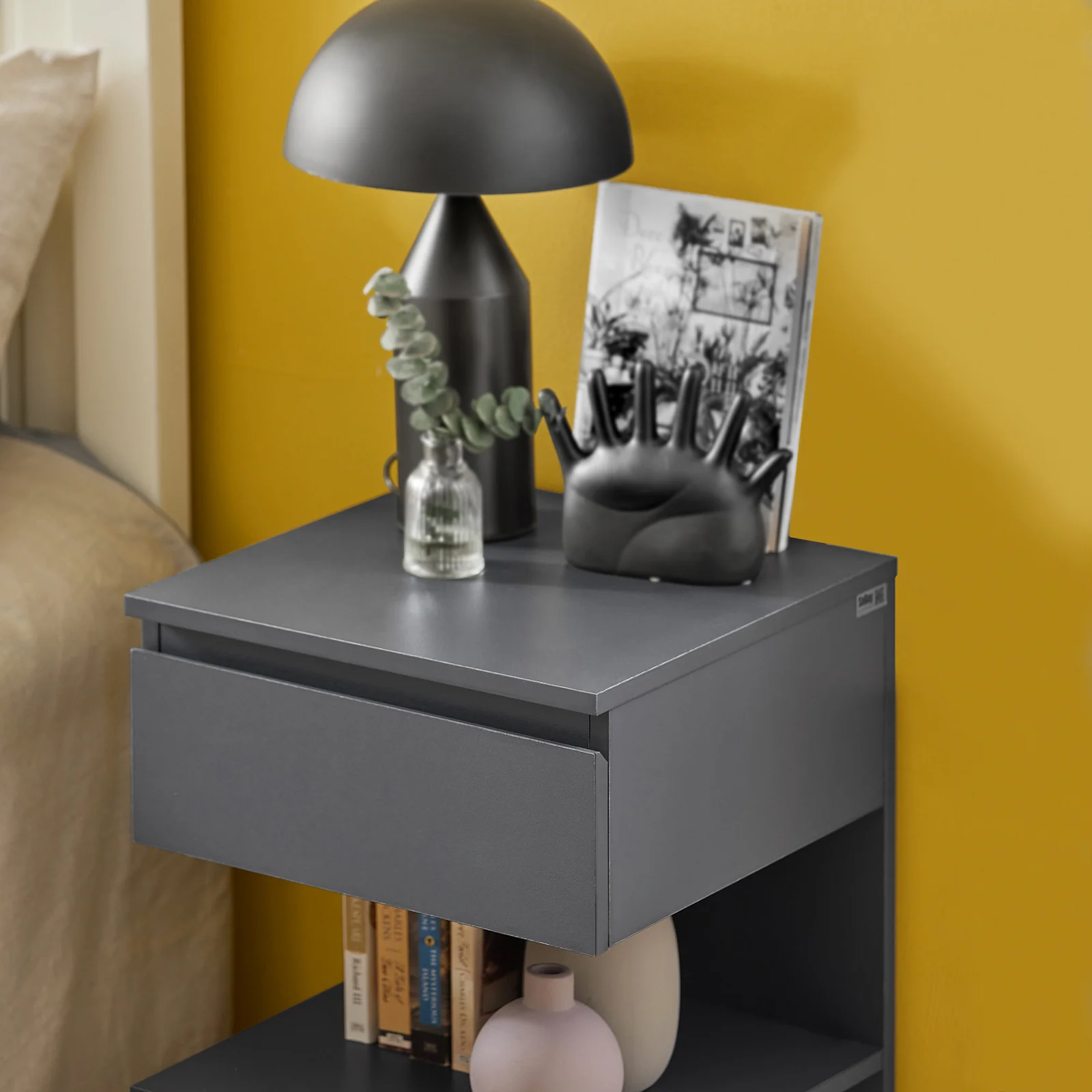 SoBuy FBT49-HG Nachtkastje met Lade en 2 Open Vakken – Moderne Bijzettafel voor Slaapkamer of Woonkamer, 39x39x65 cm, Grijs - Image 6
